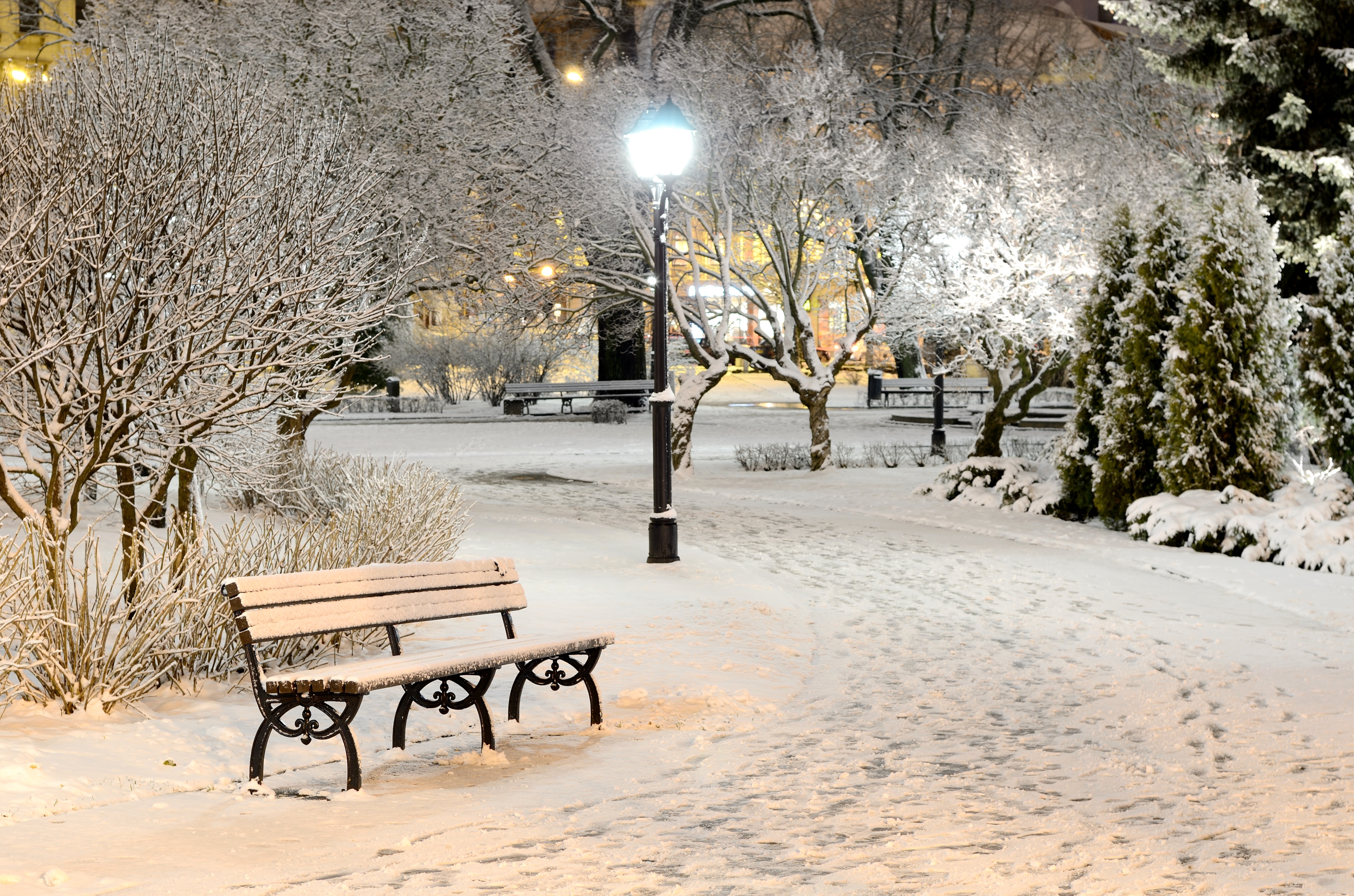 Laden Sie das Winter, Schnee, Bank, Licht, Park, Baum, Menschengemacht-Bild kostenlos auf Ihren PC-Desktop herunter