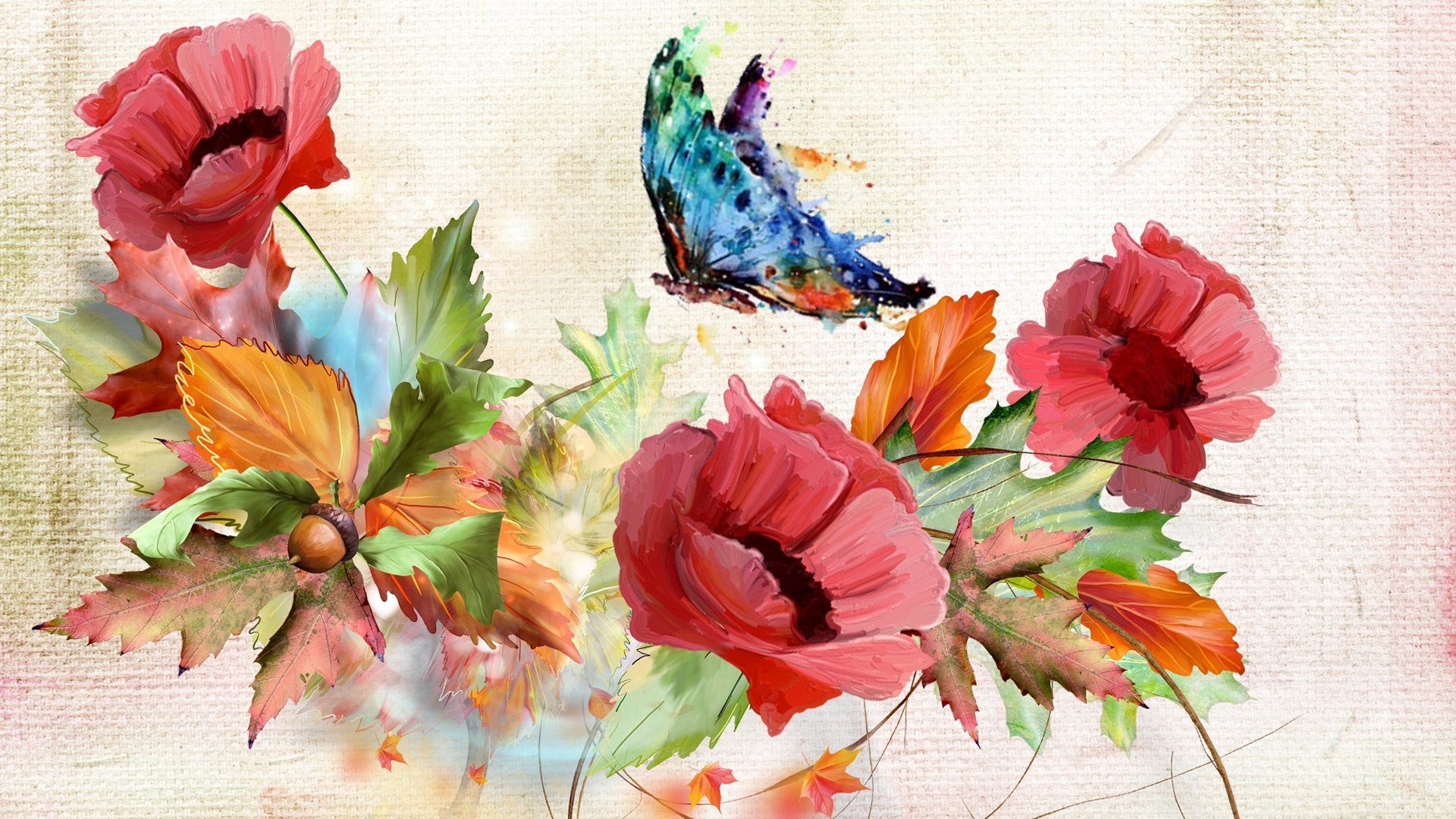 Laden Sie das Schmetterlinge, Herbst, Mohn, Blatt, Eichel, Künstlerisch-Bild kostenlos auf Ihren PC-Desktop herunter