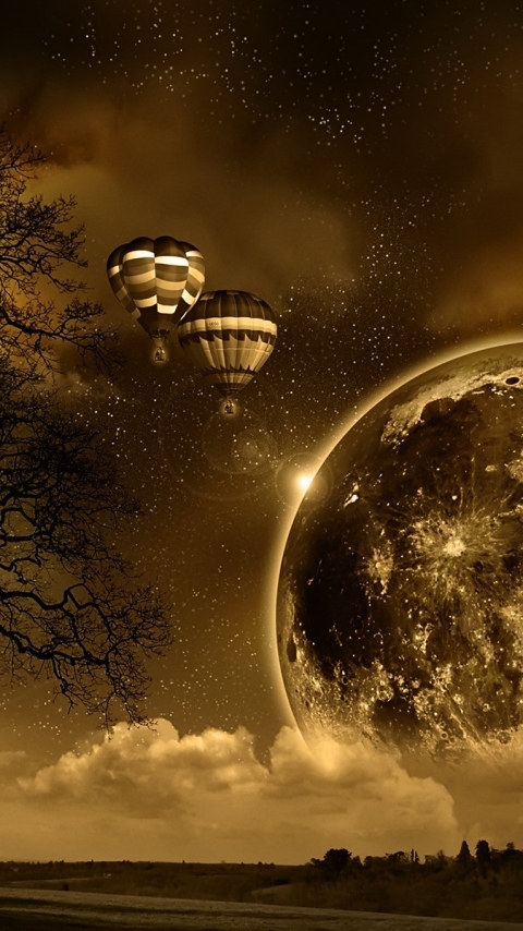 Download mobile wallpaper Landscape, Fantasy, Moon, Tree, Brown, Space, Sci Fi, Hot Air Balloon for free.