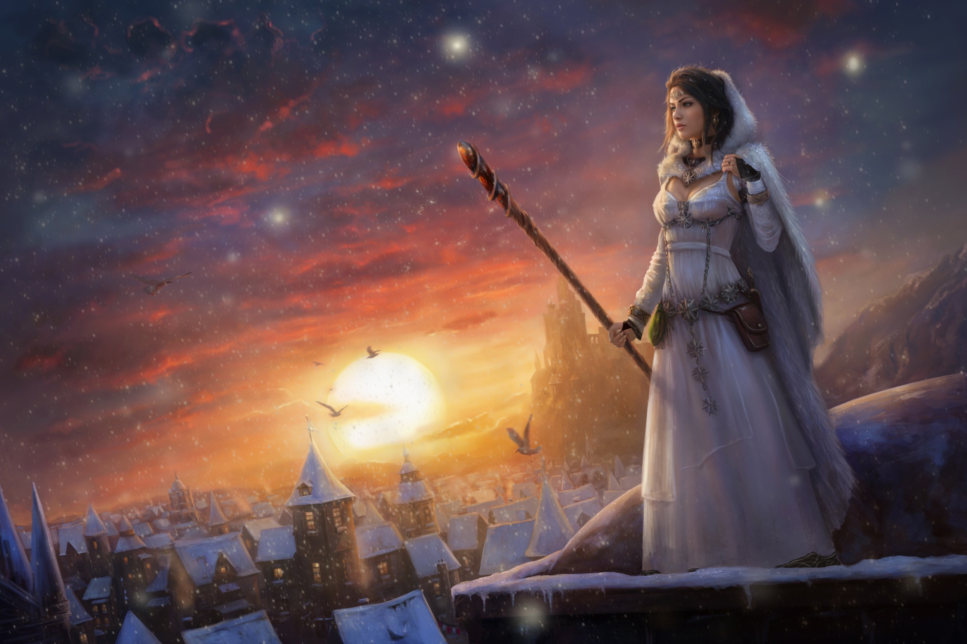 Download mobile wallpaper Winter, Fantasy, Sunset, Snow, Cloud, Town, Snowfall, Staff, Sorceress, White Dress for free.
