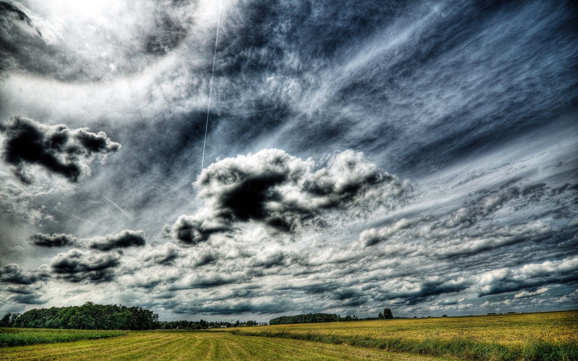 Download mobile wallpaper Field, Clouds, Sky, Nature, Grey for free.