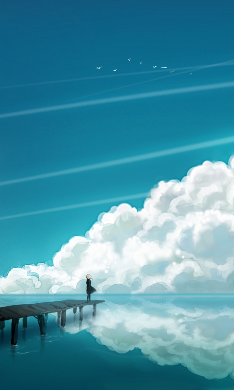 Download mobile wallpaper Anime, Sky, Reflection, Pier, Ocean, Cloud for free.