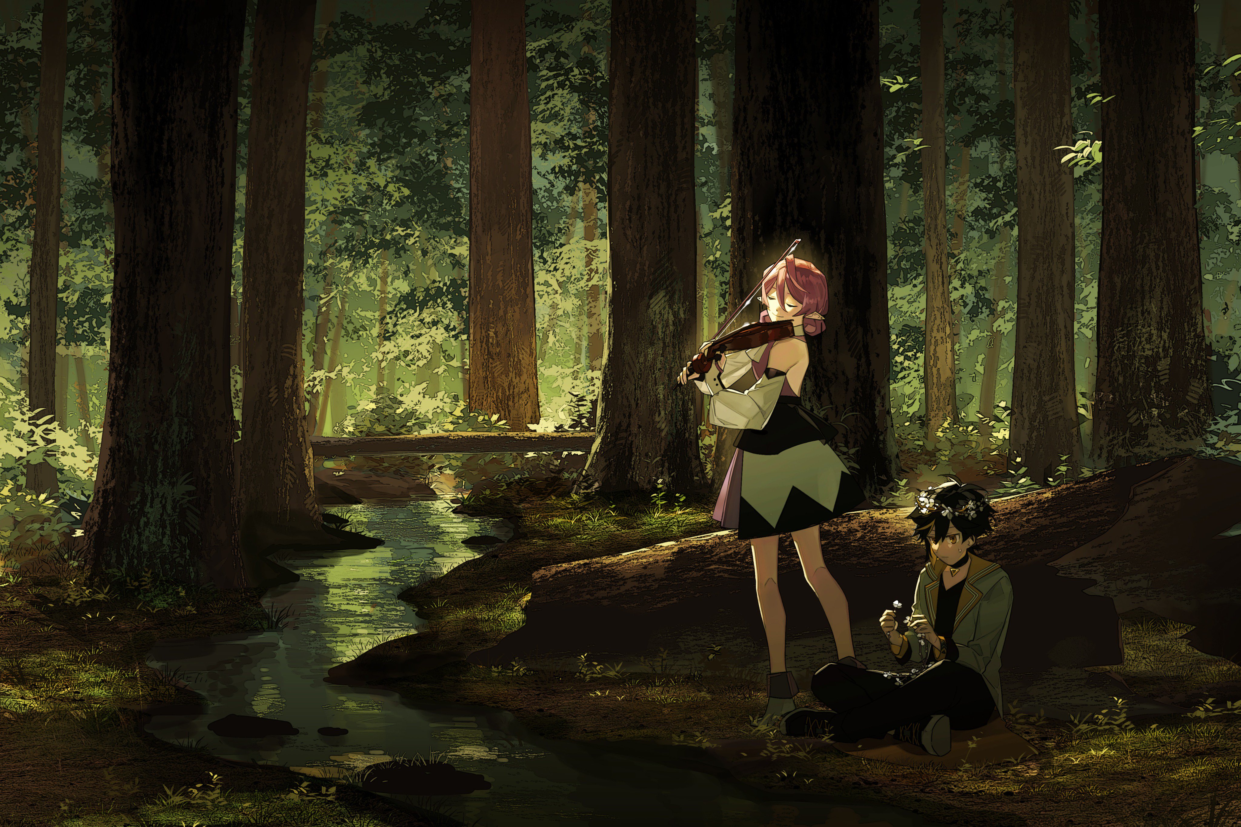 Download mobile wallpaper Anime, Forest, Violin, Original for free.