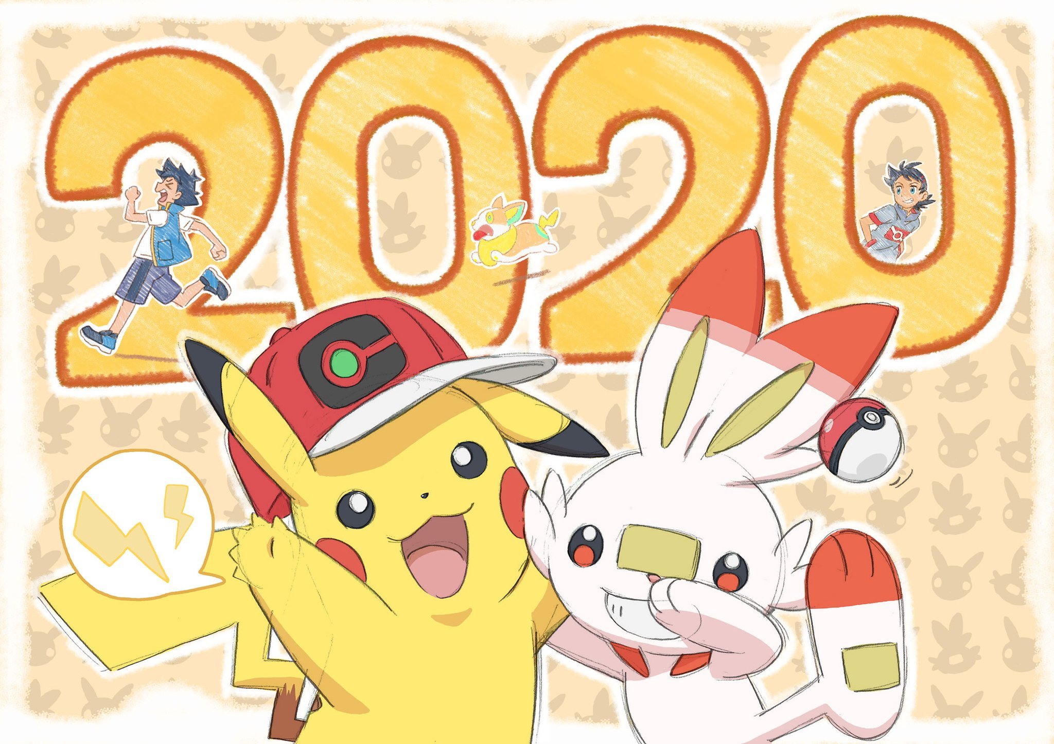 anime, pokémon, ash ketchum, cap, goh (pokémon), new year 2020, pikachu, pokeball, scorbunny (pokémon), yamper (pokémon)