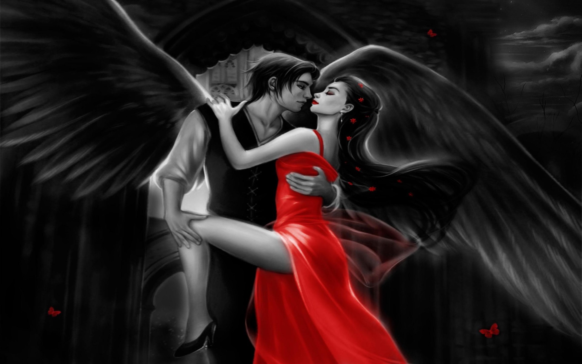Laden Sie das Fantasie, Engel, Liebe, Dunkel, Paar, Tanzen, Romantisch, Rotes Kleid-Bild kostenlos auf Ihren PC-Desktop herunter