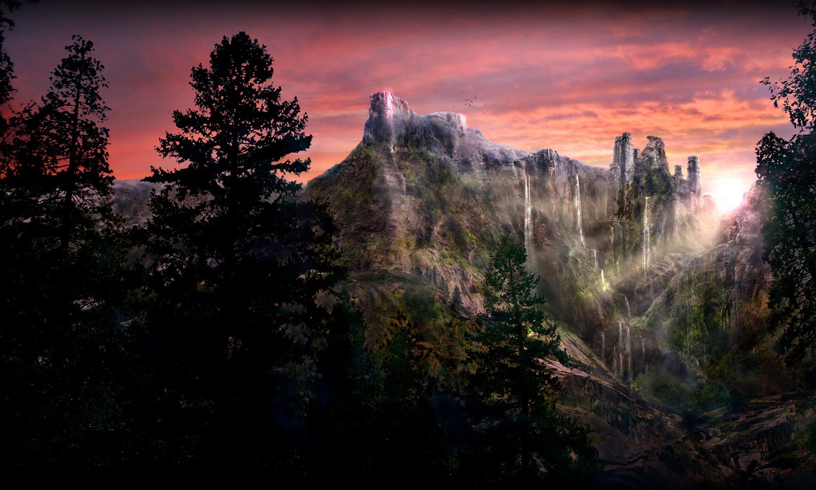 Handy-Wallpaper Landschaft, Fantasie, Wasserfall, Wald, Baum, Erde, Gebirge, Sonnenuntergang, Ruine kostenlos herunterladen.