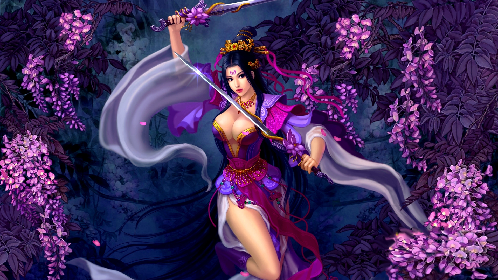 PCデスクトップにファンタジー, 花, 紫の, 剣, アジア人, 女戦士画像を無料でダウンロード