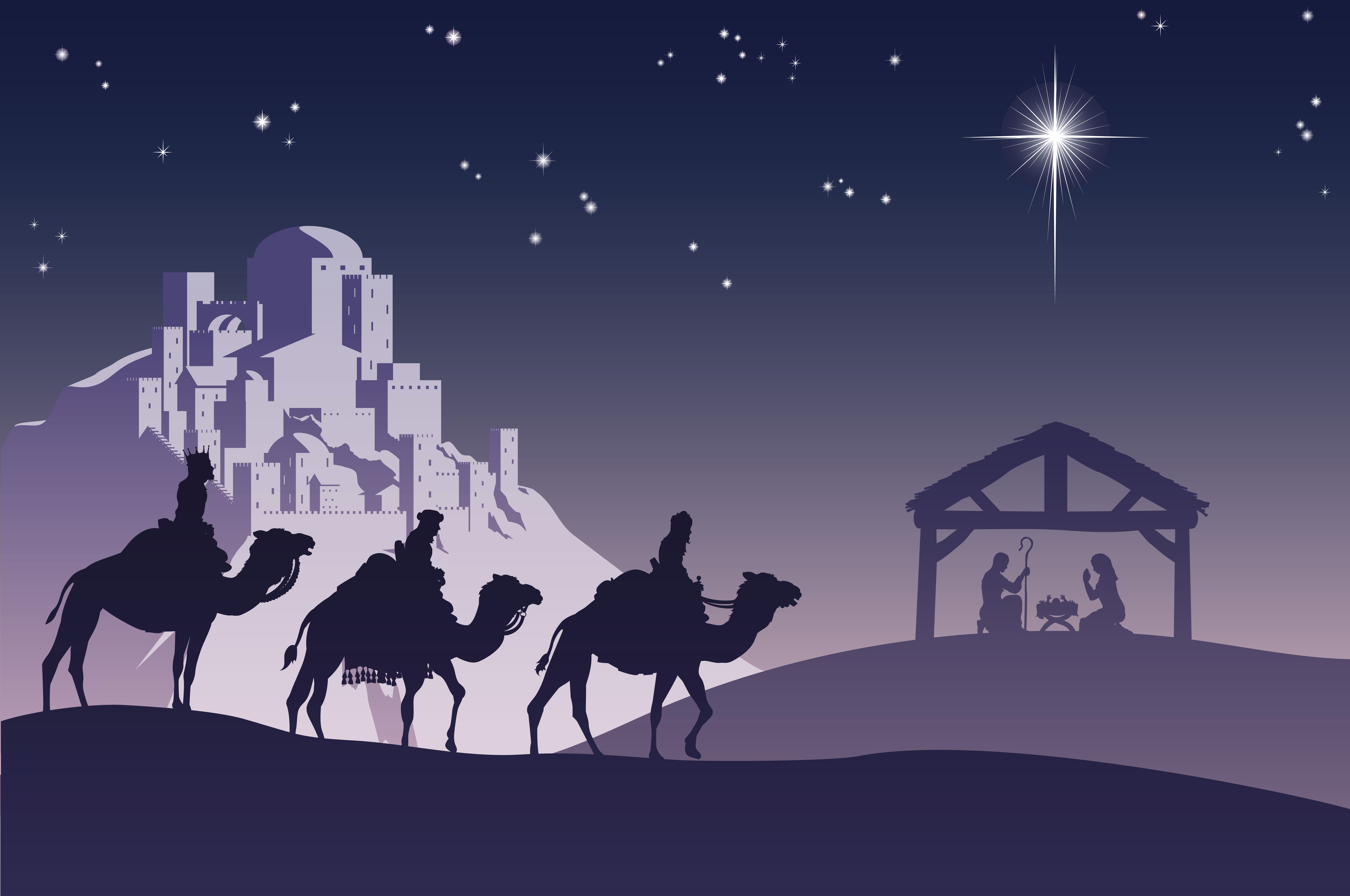 873104 Hintergrundbild herunterladen feiertage, weihnachten, kamel, jesus, maria (mutter jesu), nacht, sterne, die drei weisen männer, stadt - Bildschirmschoner und Bilder kostenlos