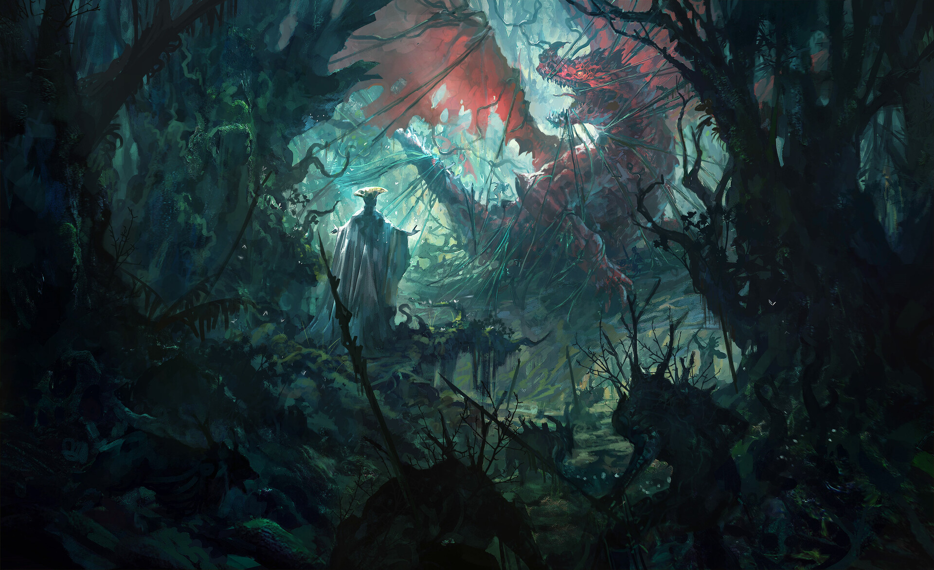 Laden Sie das Fantasie, Wald, Drachen, Konzeptkunst-Bild kostenlos auf Ihren PC-Desktop herunter