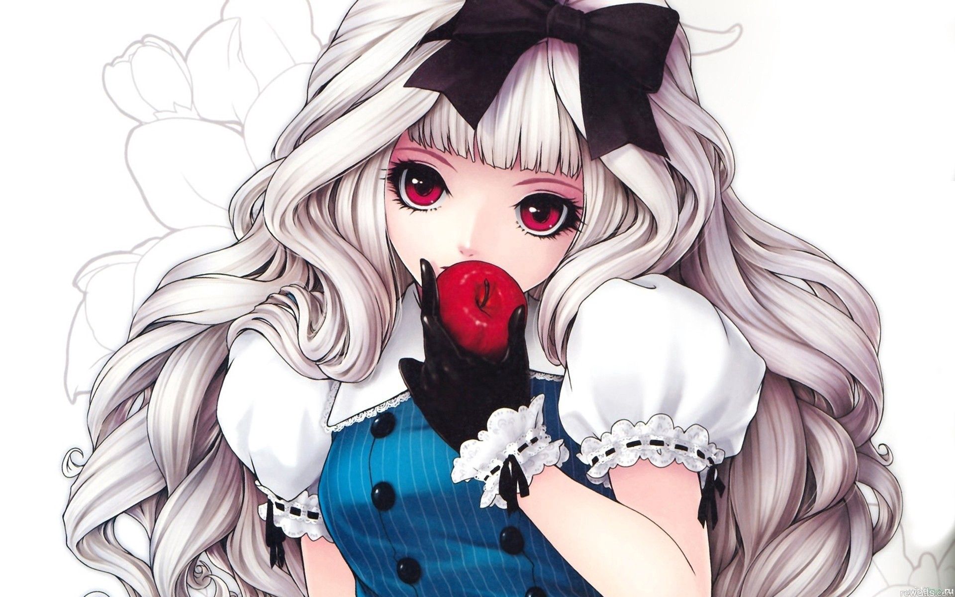 anime, apple, girl, bow, gloves, curls, yoke, coquette, lace