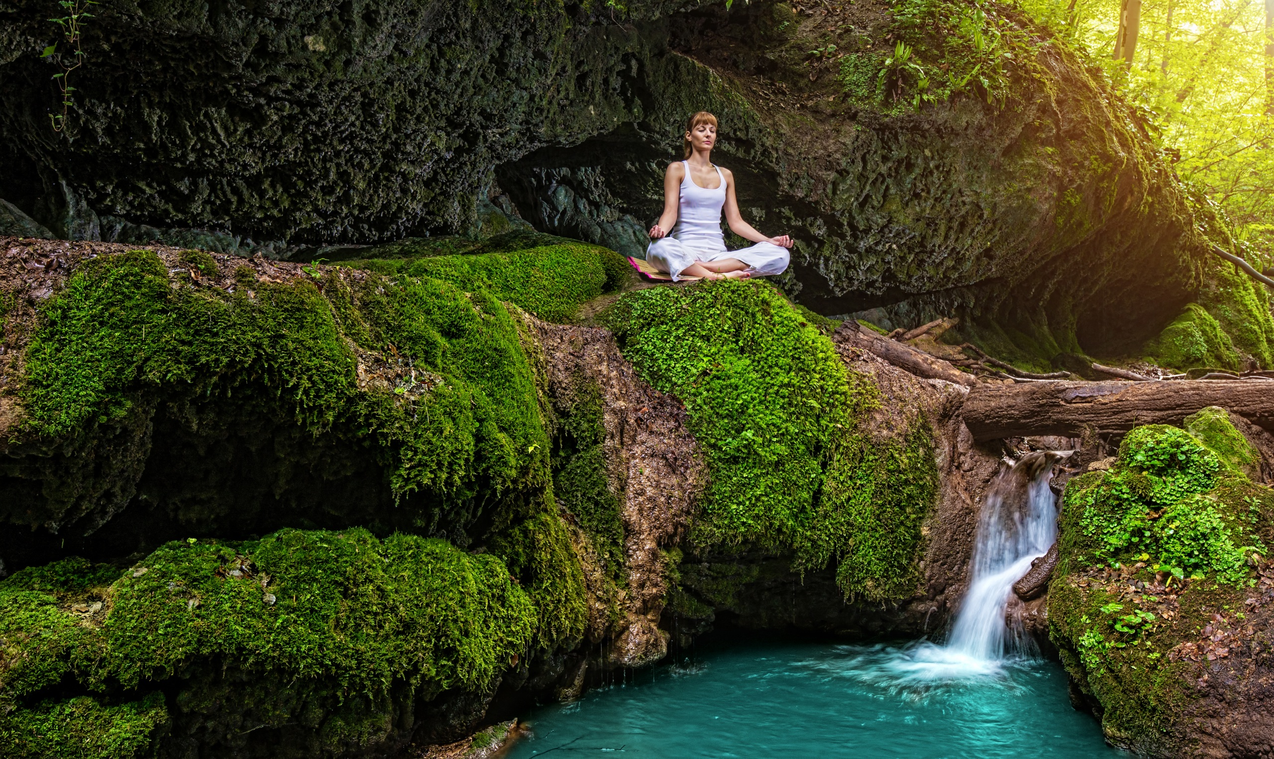 yoga, women, moss, pond, waterfall