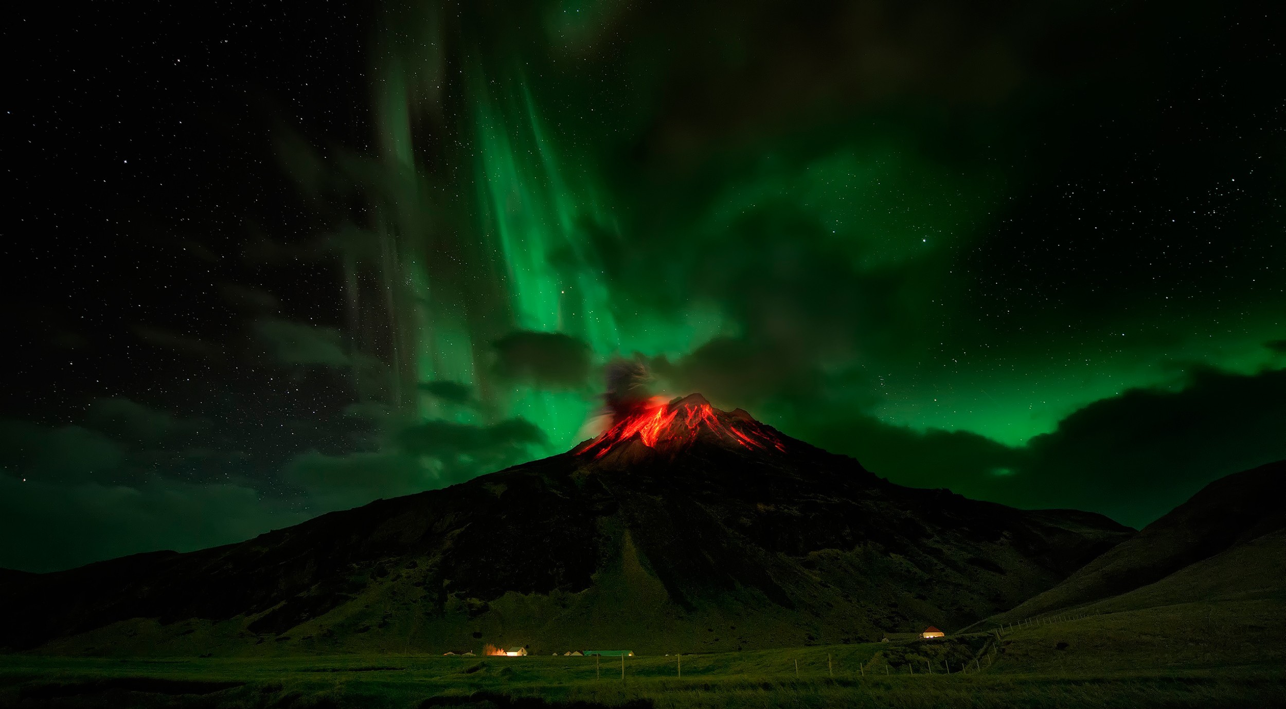 aurora borealis, earth, volcano, eruption, lava, starry sky, volcanoes
