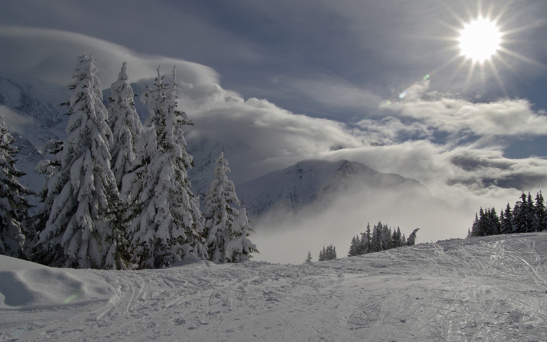 Baixe gratuitamente a imagem Inverno, Sol, Neve, Montanha, Árvore, Terra/natureza na área de trabalho do seu PC