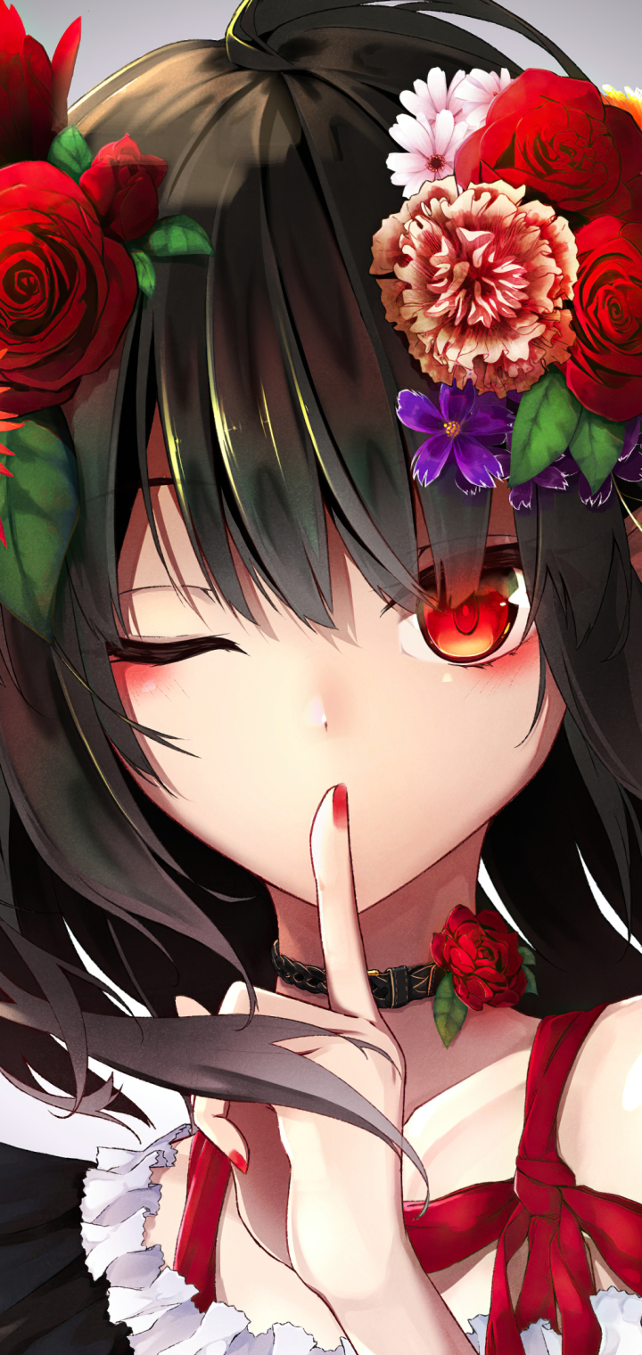 Download mobile wallpaper Anime, Flower, Original, Red Eyes for free.