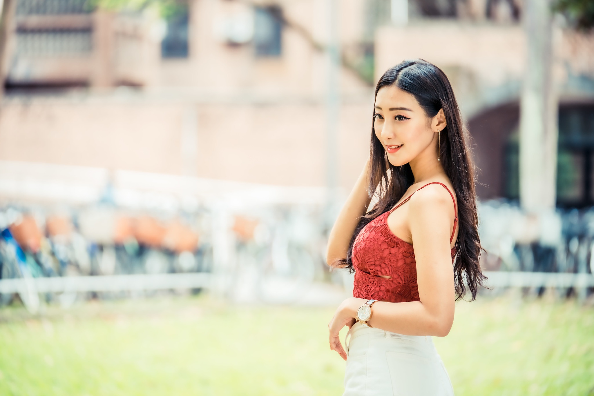 Free download wallpaper Smile, Model, Women, Asian, Black Hair, Long Hair, Depth Of Field on your PC desktop