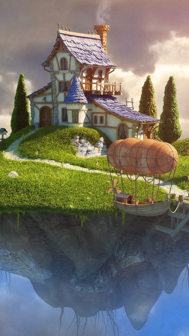 Download mobile wallpaper Fantasy, Grass, Tree, House, Cloud for free.