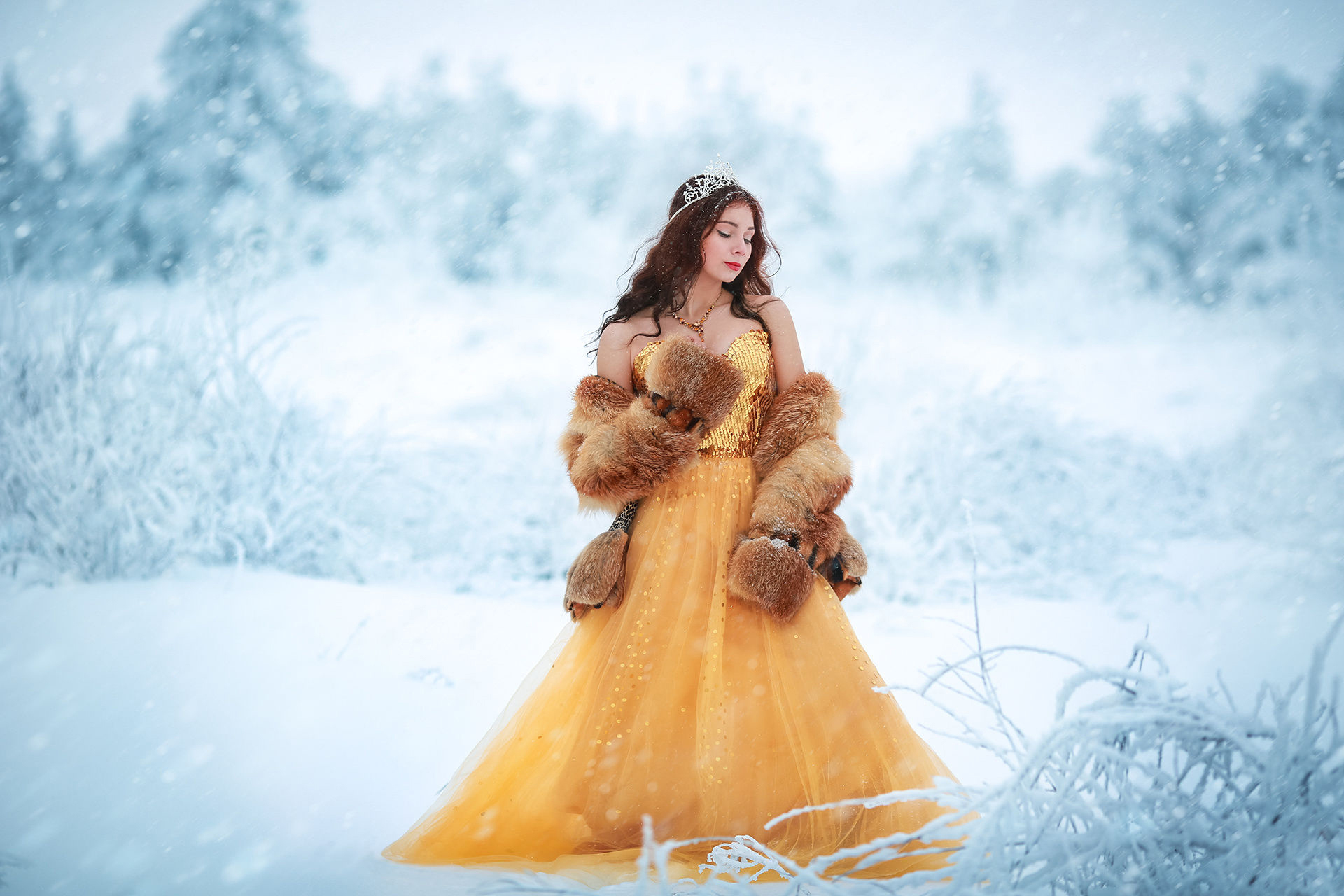 Download mobile wallpaper Winter, Snow, Mood, Fur, Brunette, Model, Women, Yellow Dress, Depth Of Field for free.