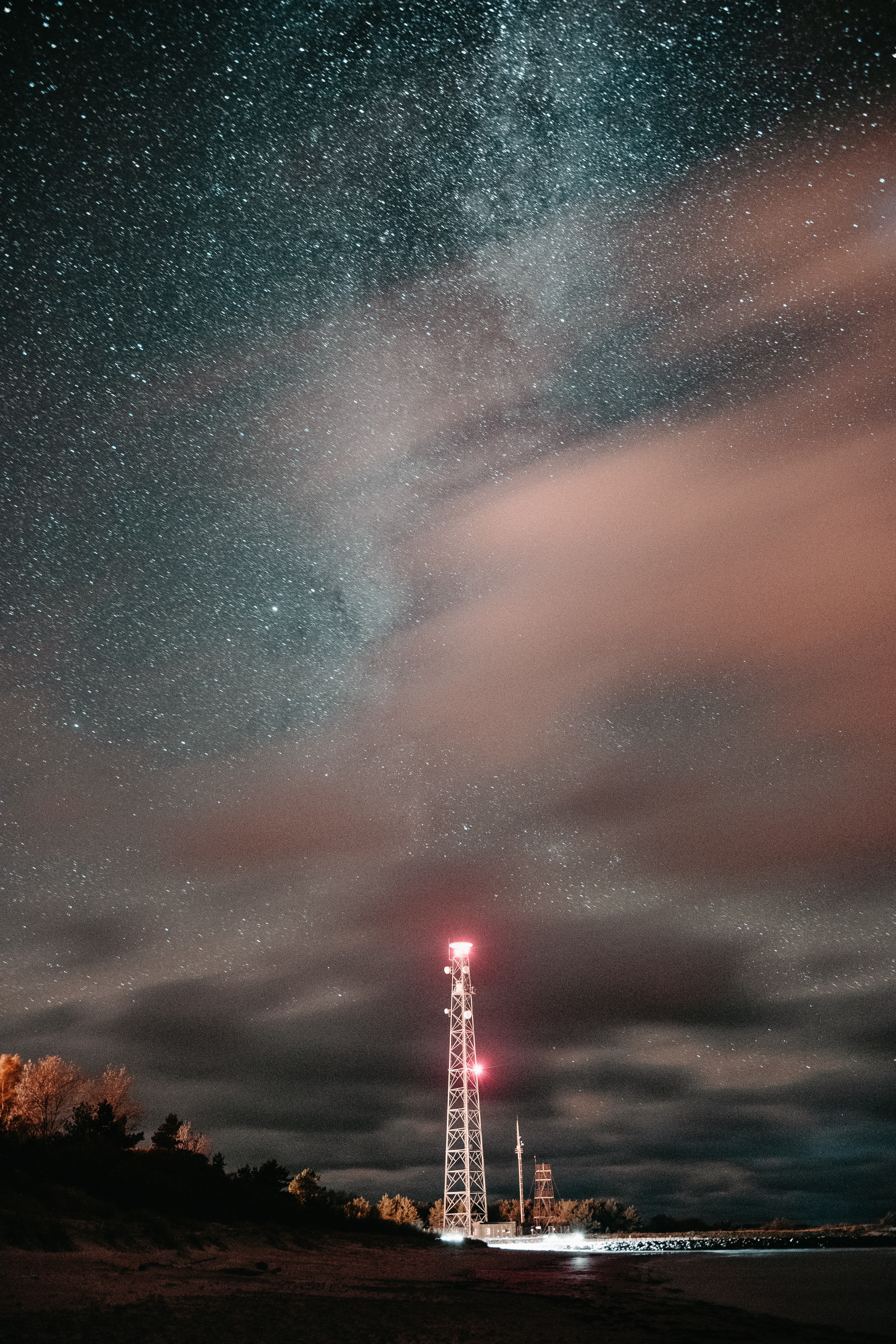Download mobile wallpaper Tower, Stars, Starry Sky, Night, Glow, Dark for free.