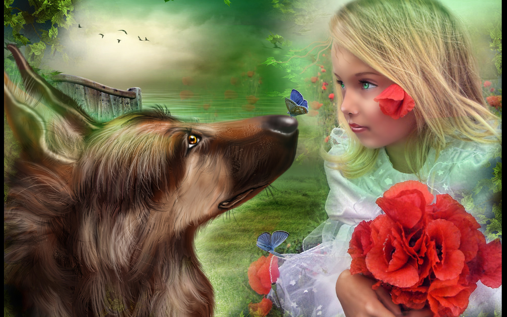 Download mobile wallpaper Fantasy, Flower, Dog, Butterfly, Spring, Child, Little Girl for free.
