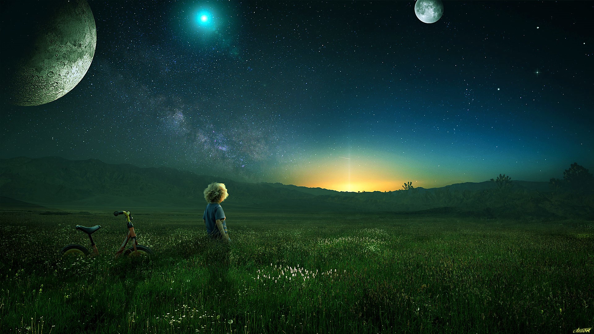 bicycle, photography, manipulation, field, little boy, photoshop, planet, stars