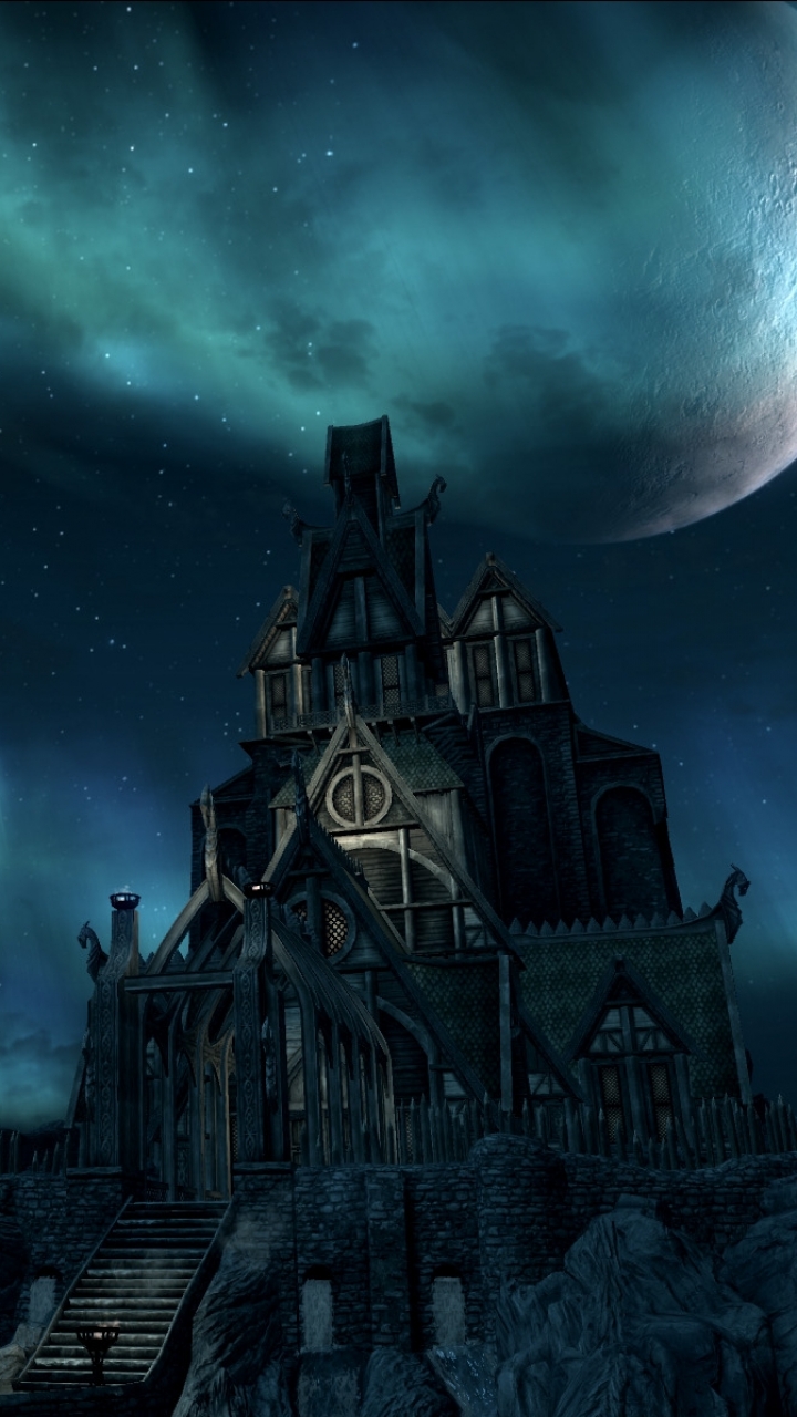 Download mobile wallpaper Moon, Building, Video Game, Skyrim, The Elder Scrolls V: Skyrim, The Elder Scrolls for free.