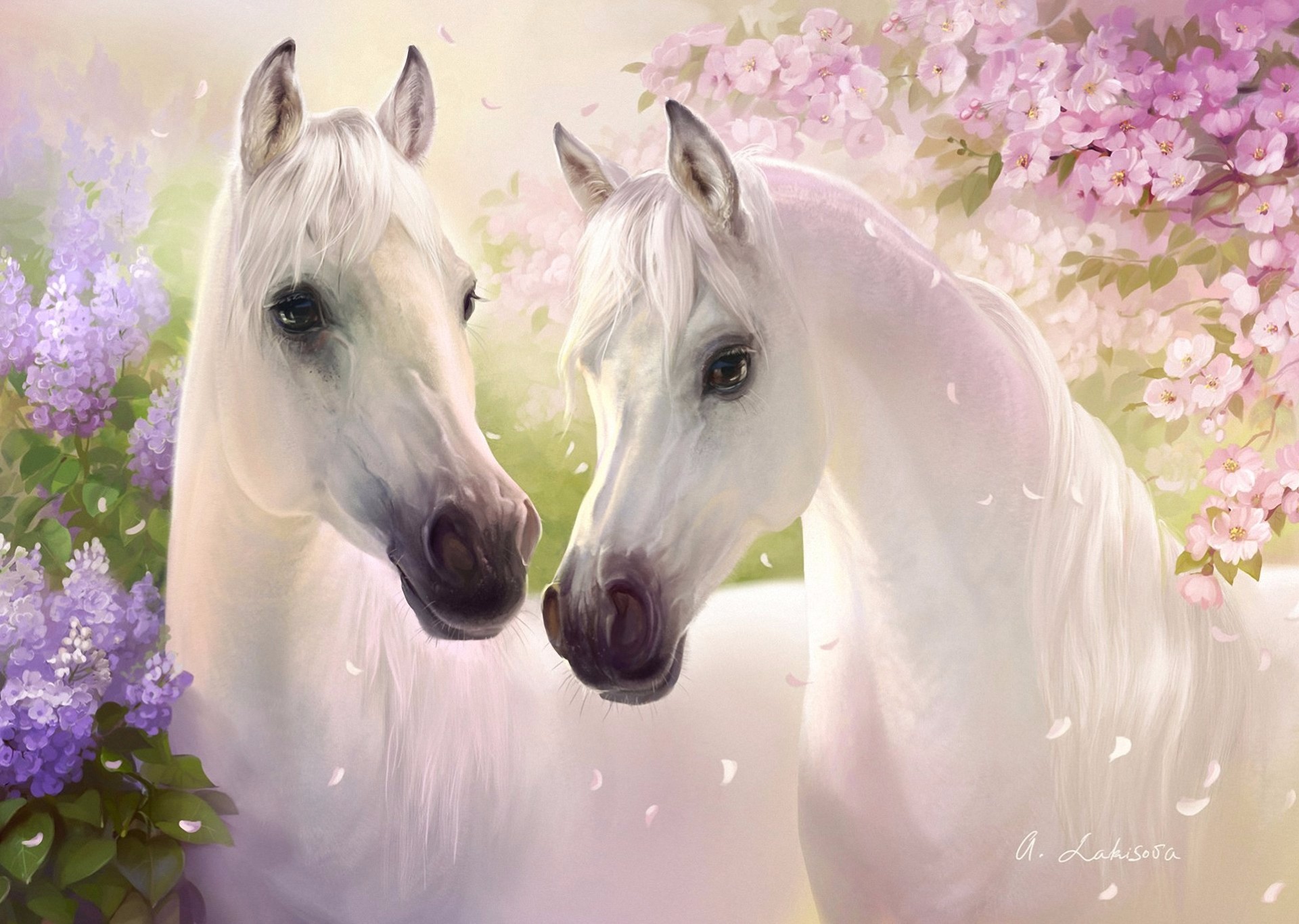 Скачать обои бесплатно Цветок, Весна, Лошадь, Картина, Цветущие, Художественные картинка на рабочий стол ПК