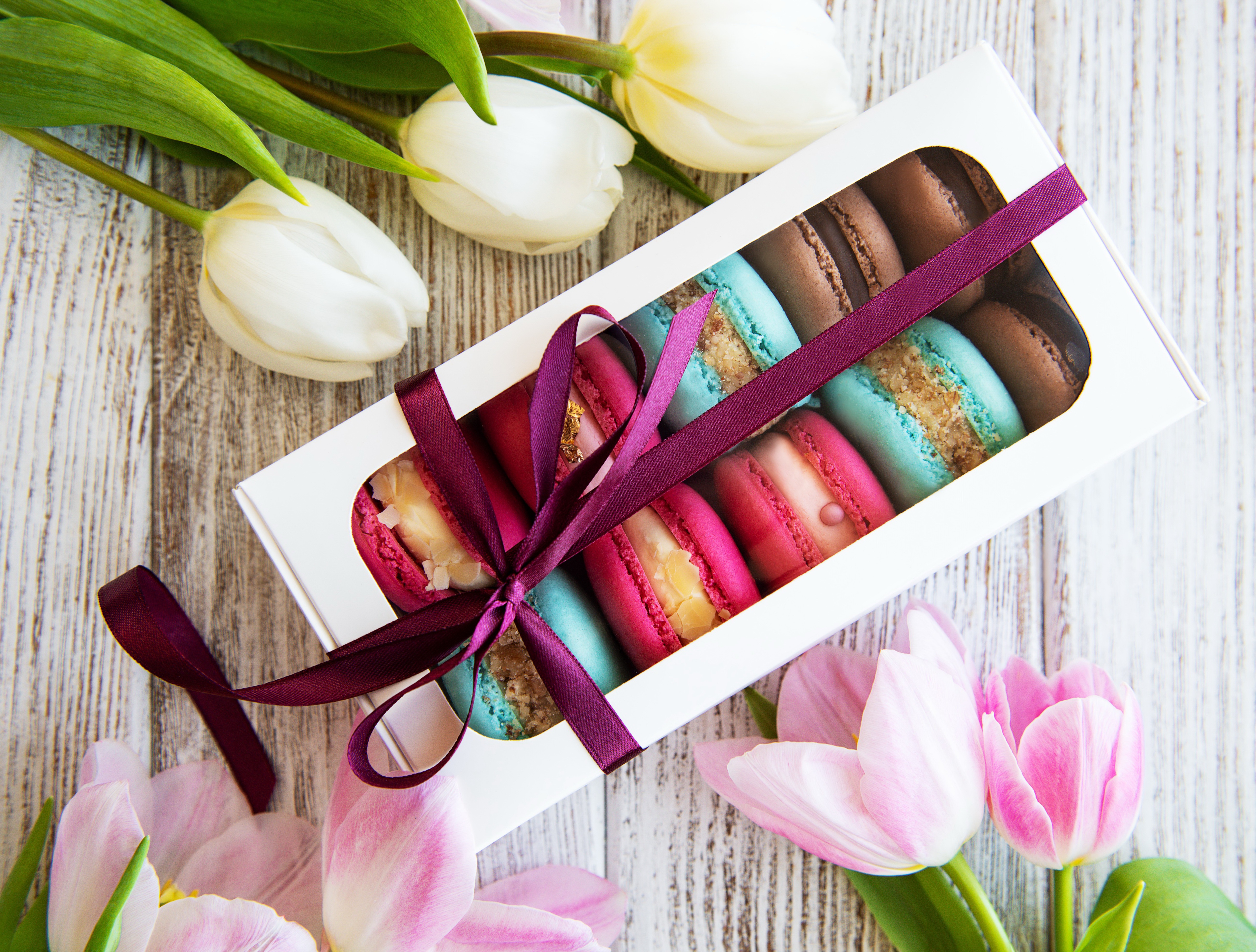 Download mobile wallpaper Food, Still Life, Flower, Tulip, Sweets, Macaron for free.