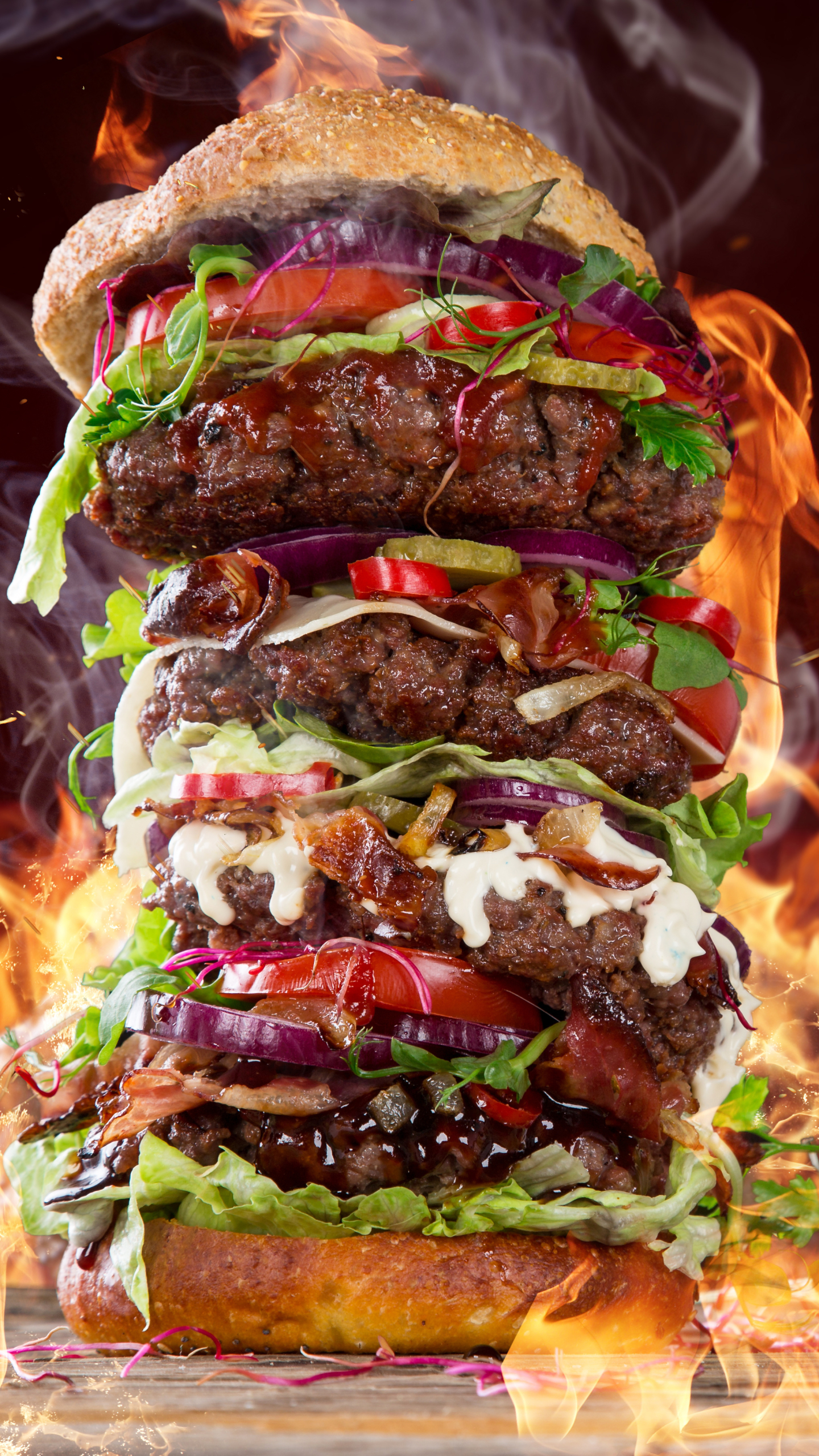 Download mobile wallpaper Food, Flame, Burger for free.
