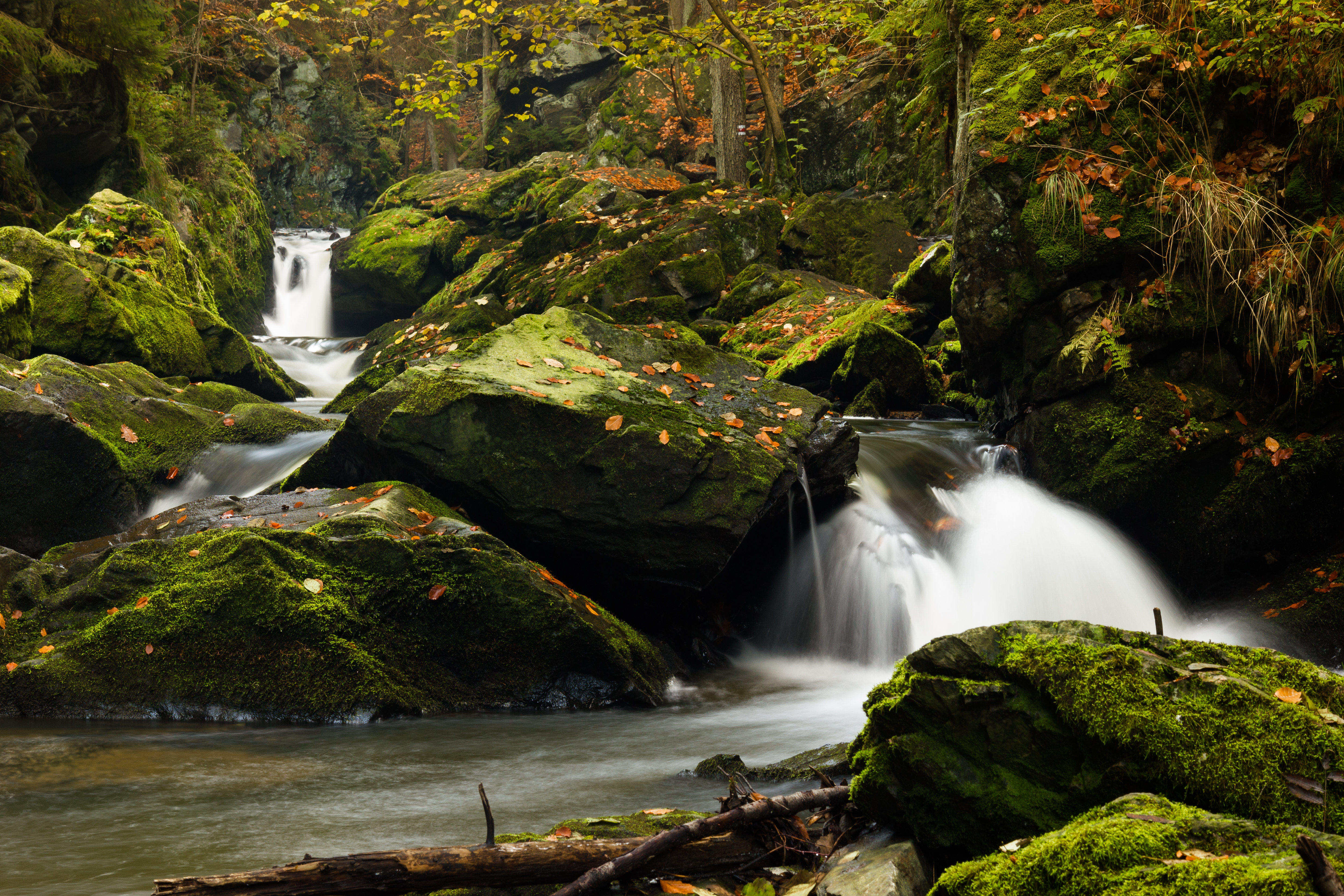 Free download wallpaper Water, Stones, Waterfall, Branches, Moss, Nature on your PC desktop