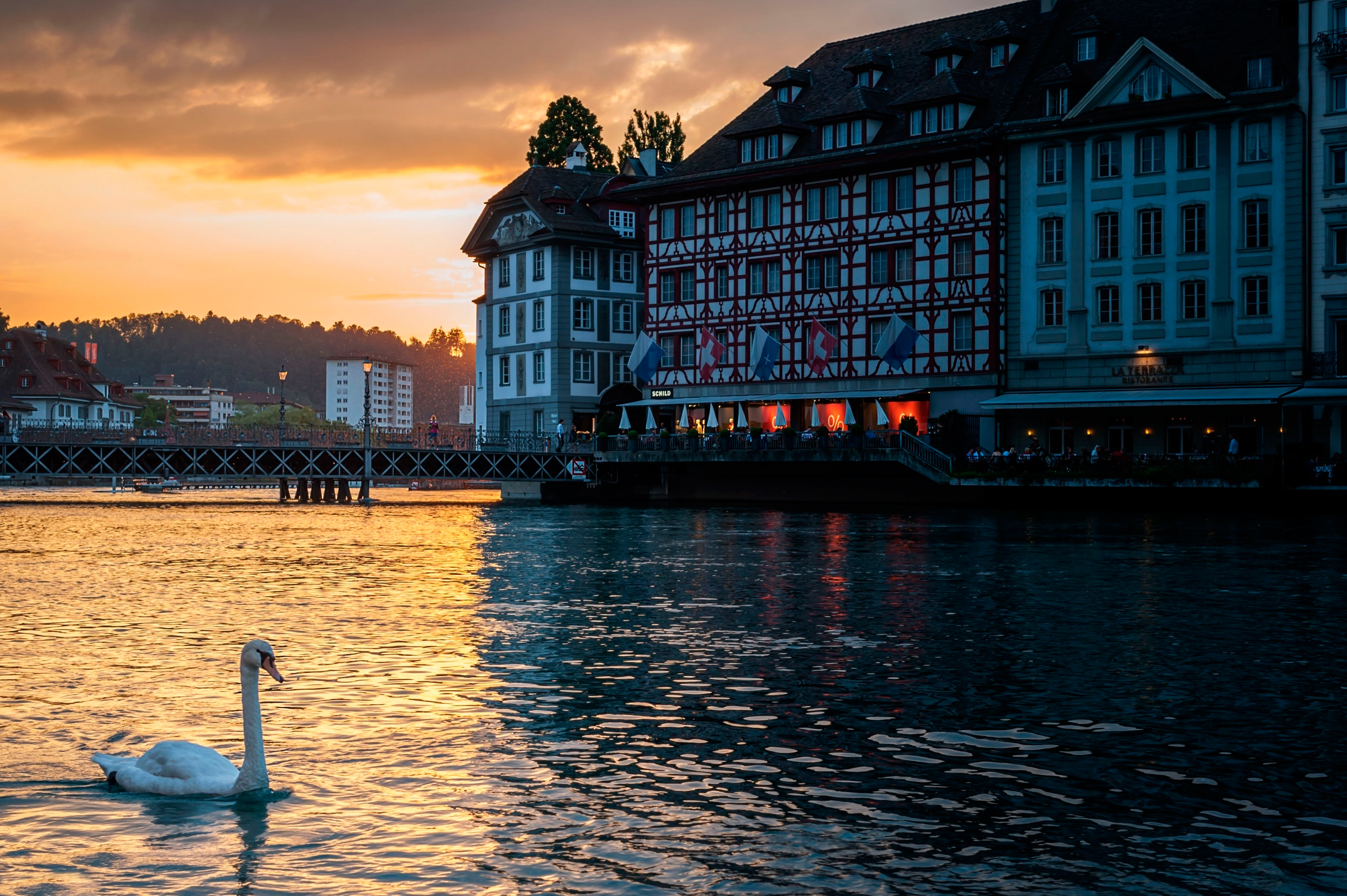 Download mobile wallpaper Lucerne, Swan, Cities, Evening, Building, Switzerland for free.