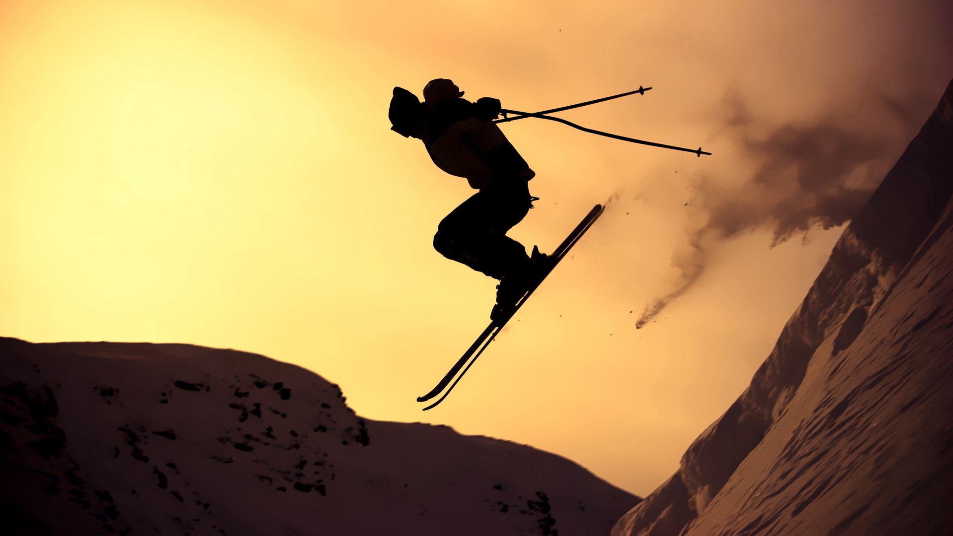 51679 скачать картинку горные лыжи, экстрим, спорт, снег, силуэт, прыжок - обои и заставки бесплатно