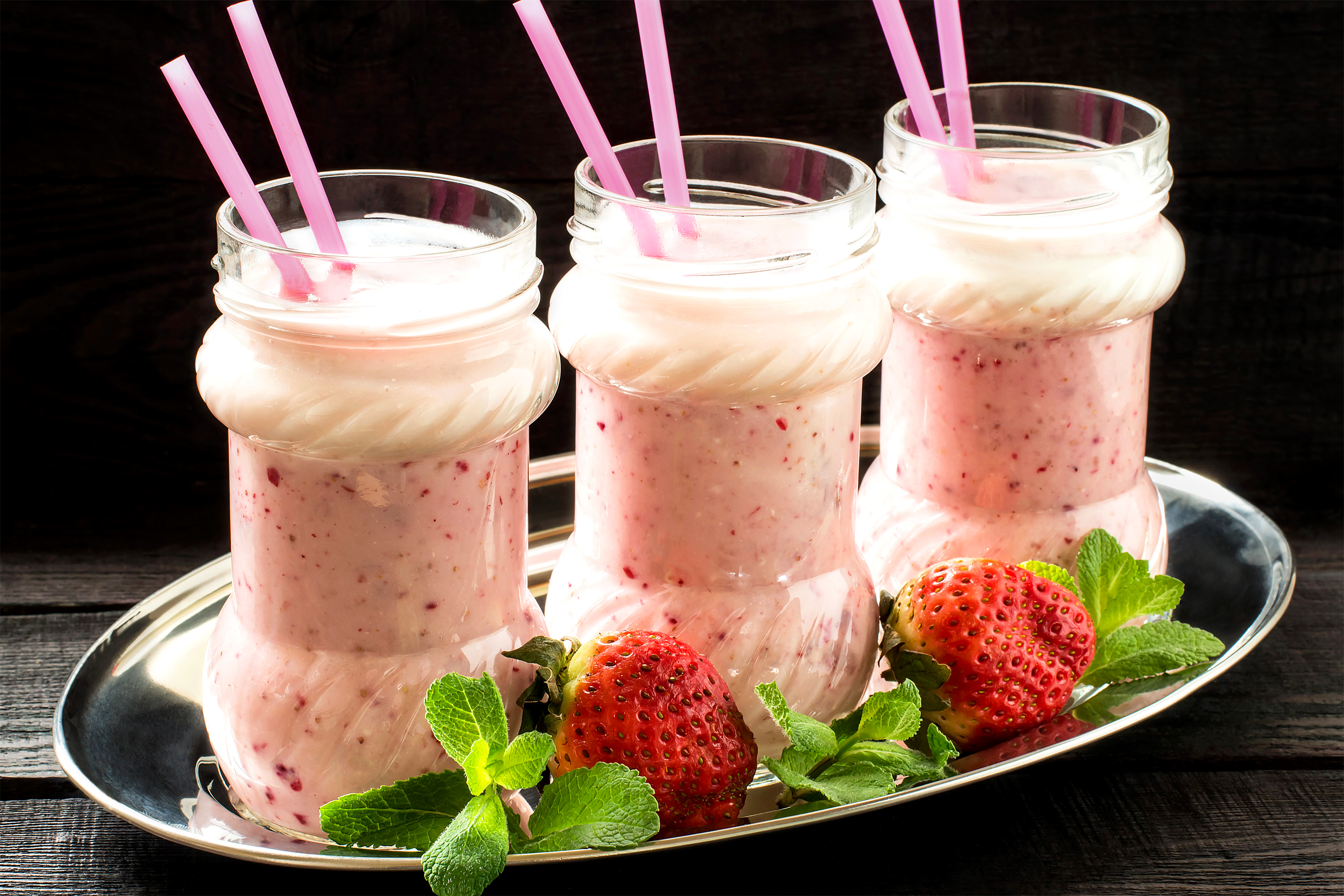 Download mobile wallpaper Food, Strawberry, Drink, Milk for free.