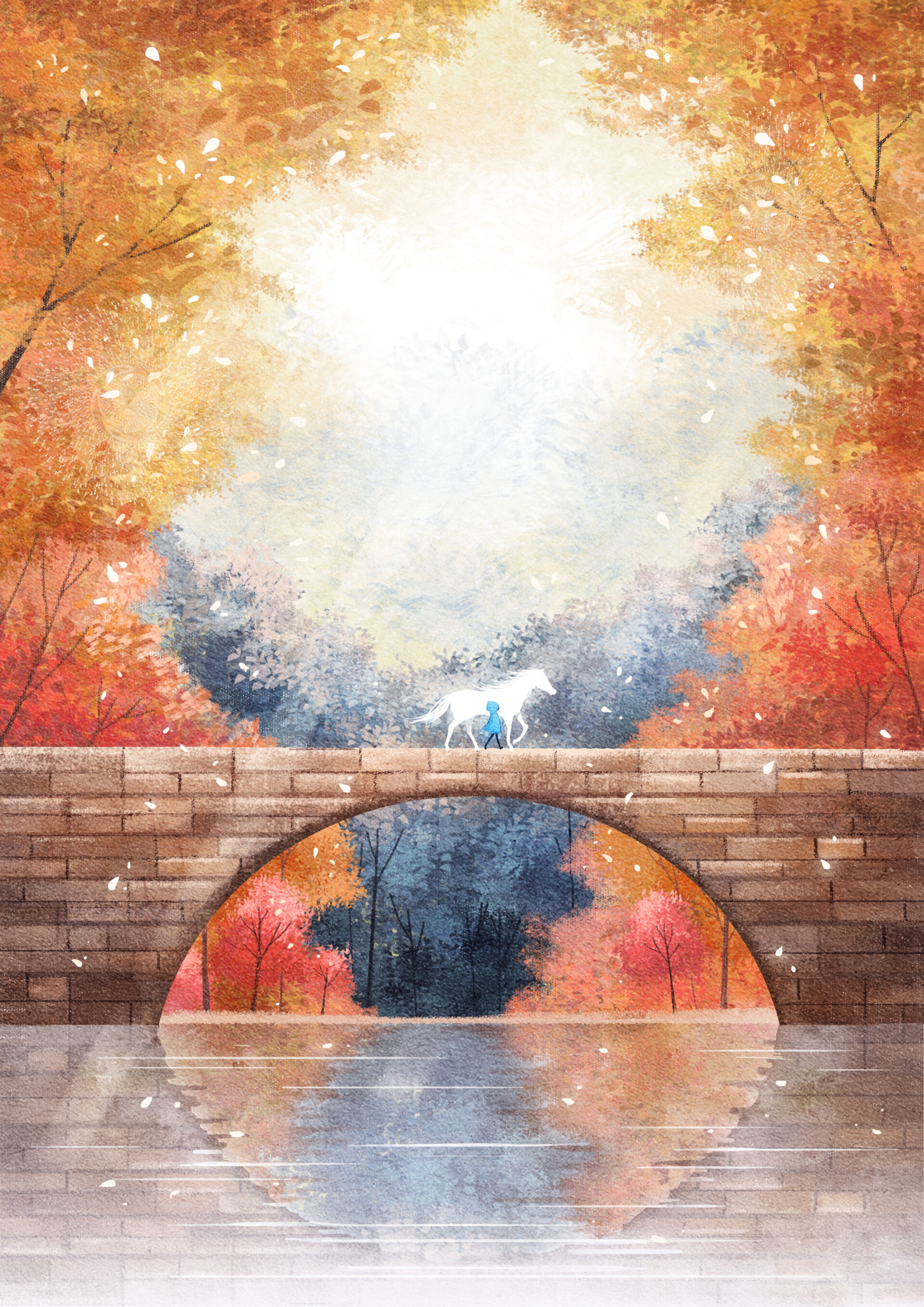 autumn, art, silhouette, bridge, horse