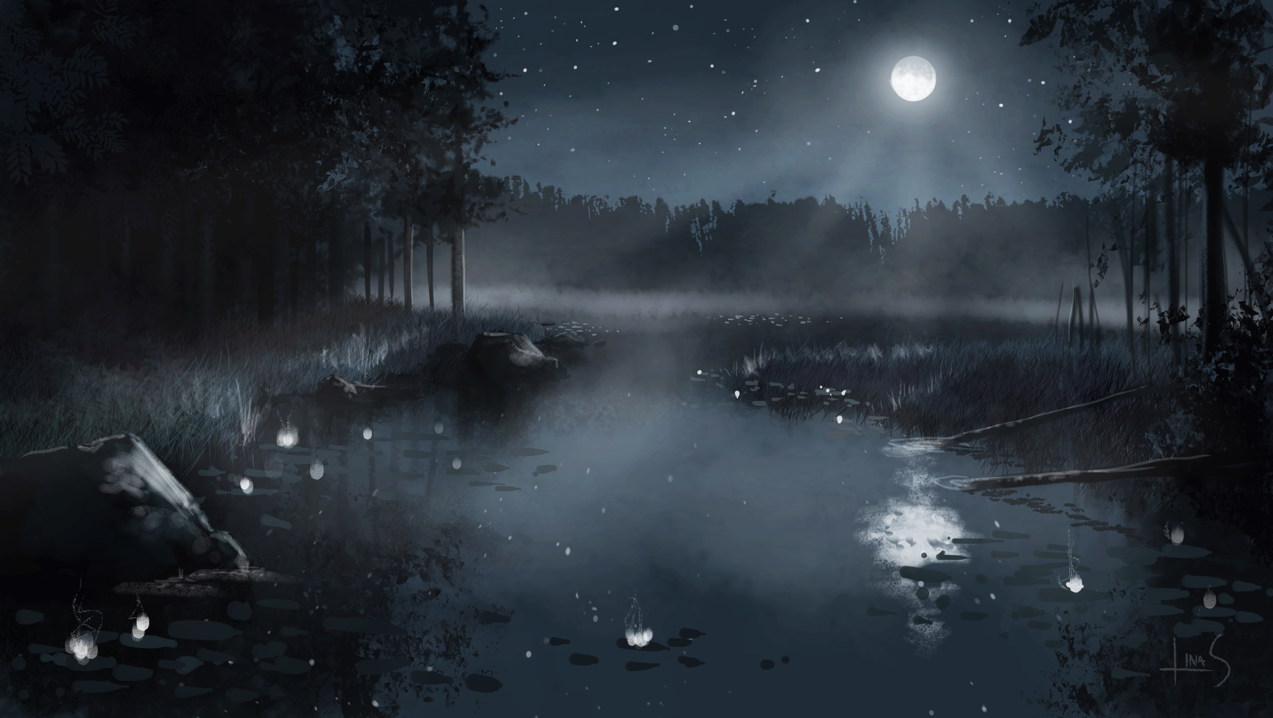 Free download wallpaper Nature, Sky, Stars, Night, Moon, Lake, Forest, Fog, Artistic on your PC desktop