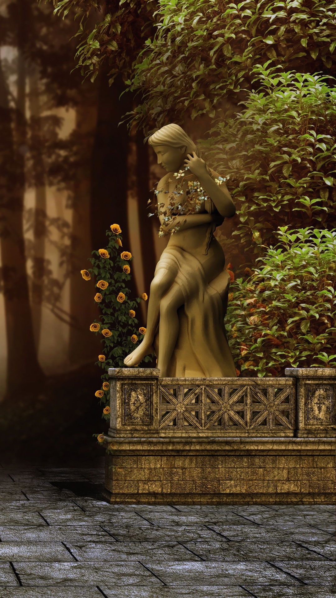 Download mobile wallpaper Fantasy, Flower, Statue, Artistic, Courtyard for free.