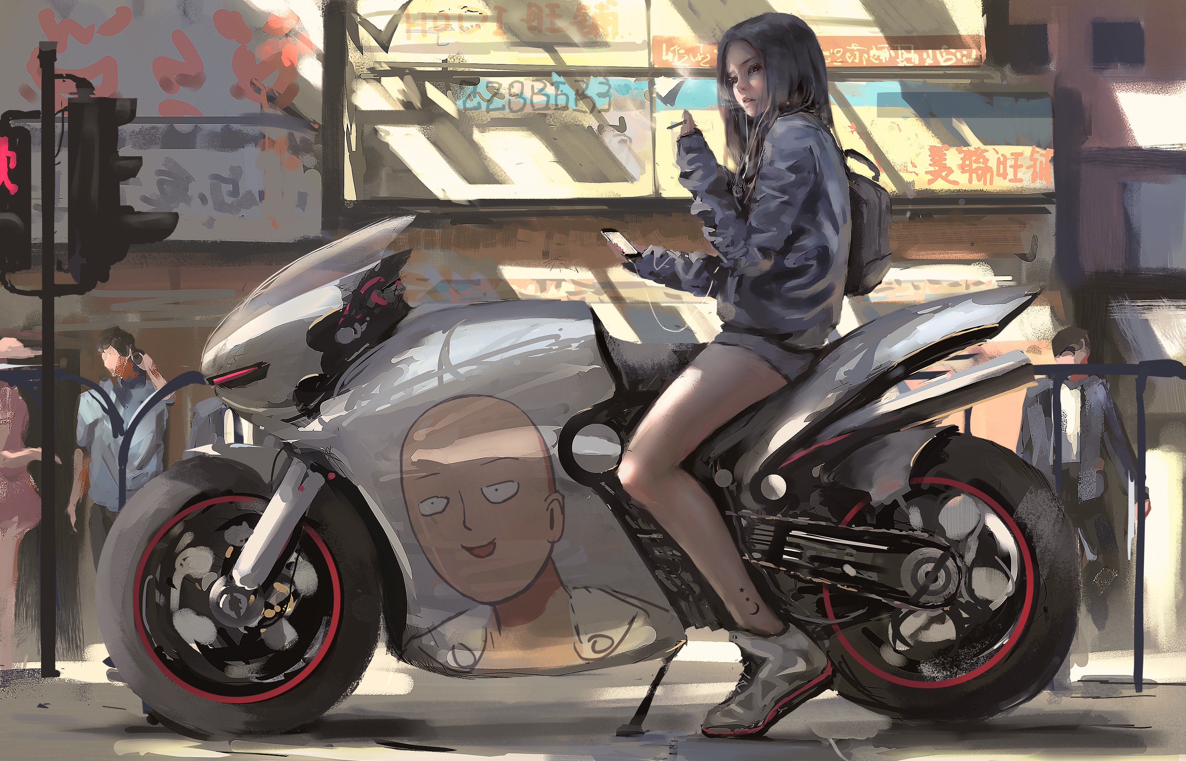 908656 Hintergrundbild herunterladen animes, original, fahrrad, überkreuzung, motorrad, ein schlag mann, saitama (one punch man) - Bildschirmschoner und Bilder kostenlos