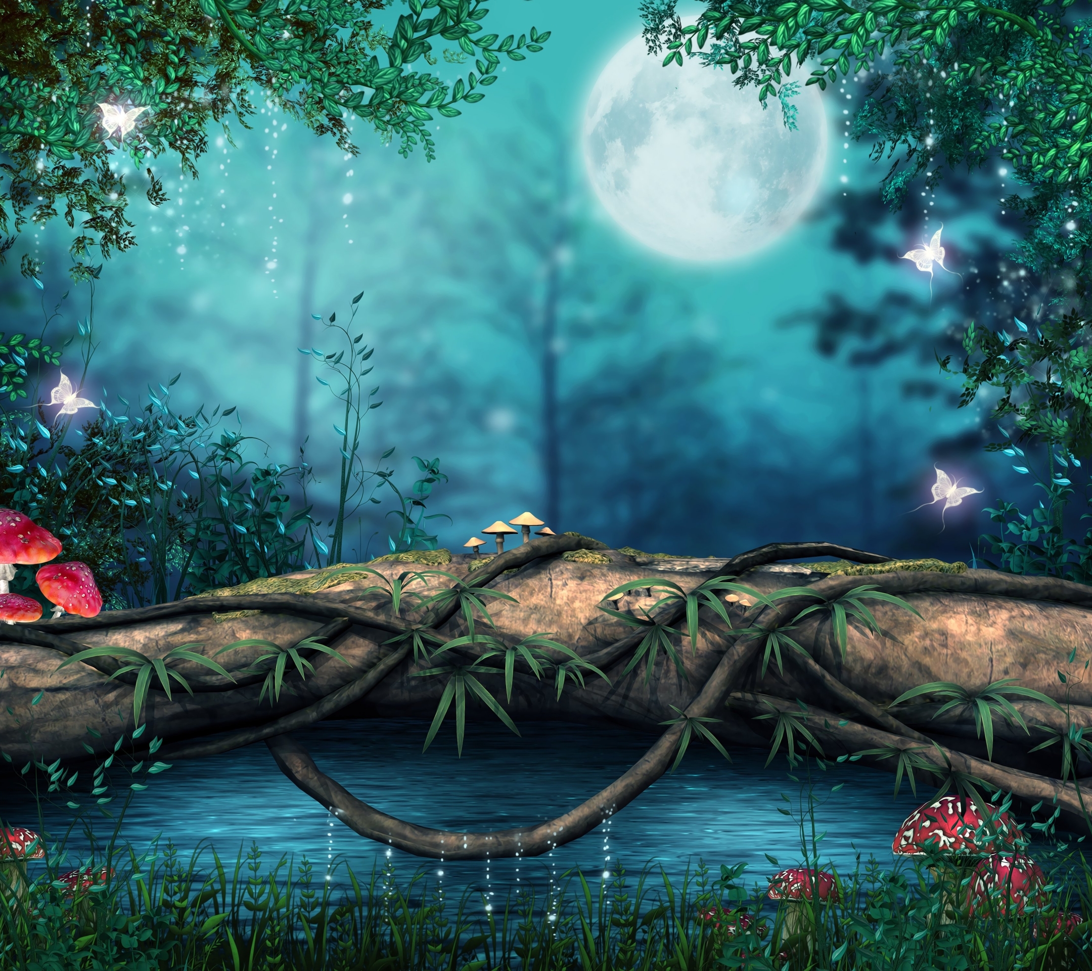 Download mobile wallpaper Fantasy, Moon, Forest, Butterfly, Mushroom, Log, Mystic for free.
