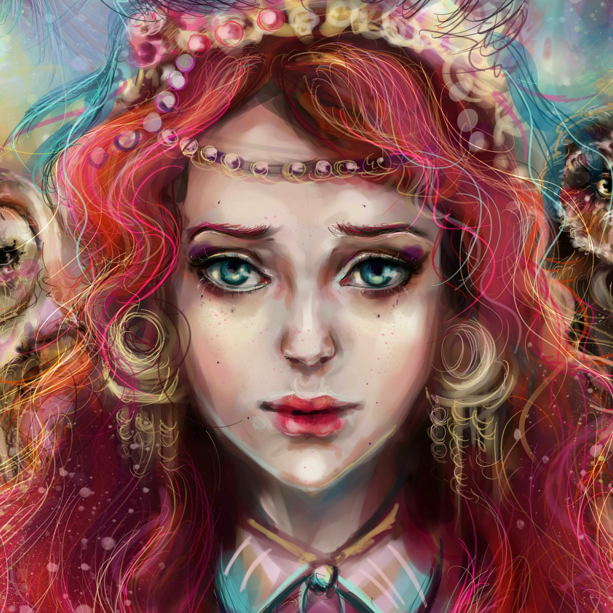 Free download wallpaper Fantasy, Owl, Painting, Face, Women, Blue Eyes, Red Hair on your PC desktop