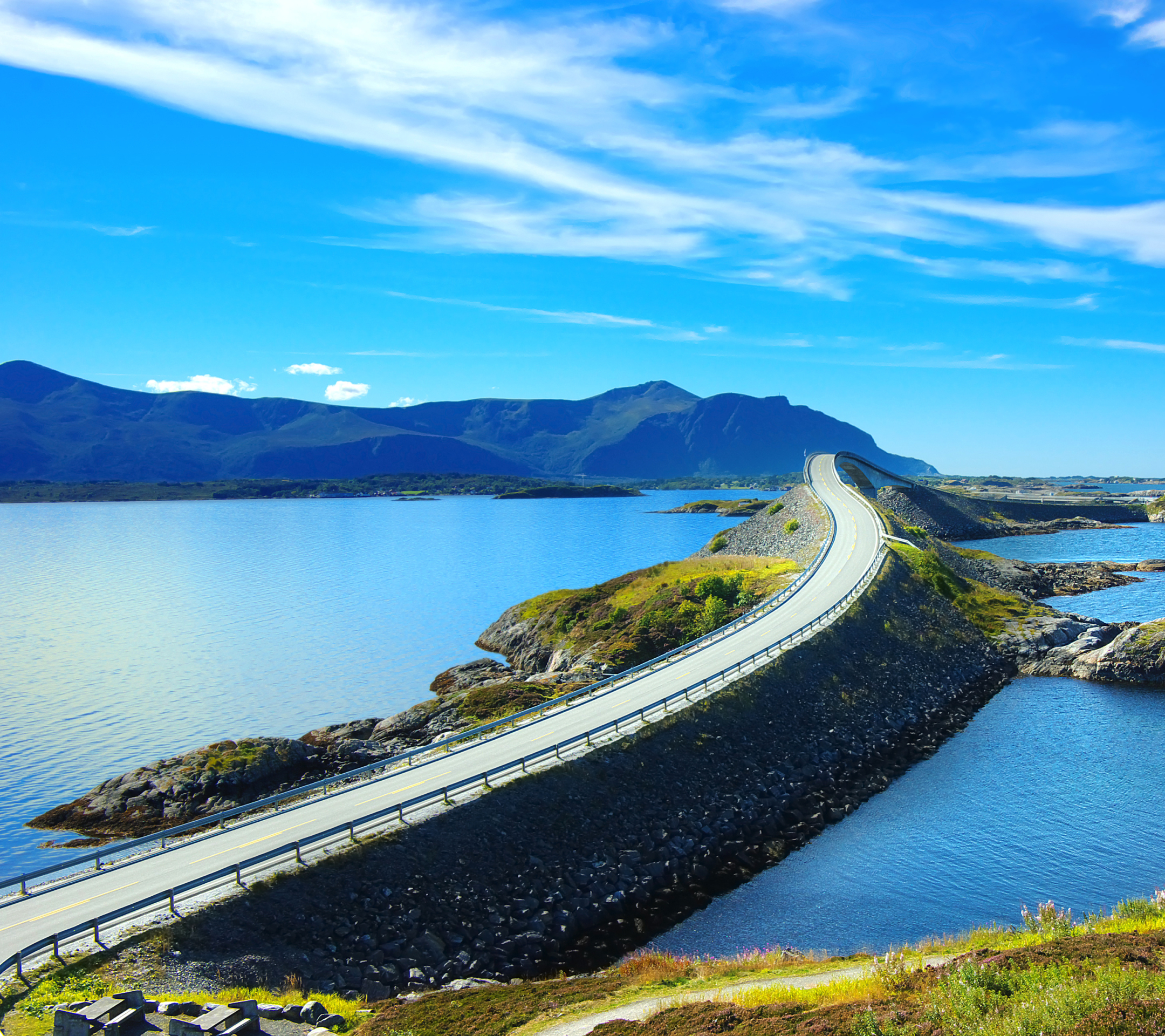 Free download wallpaper Landscape, Mountain, Road, Ocean, Bridge, Norway, Man Made on your PC desktop
