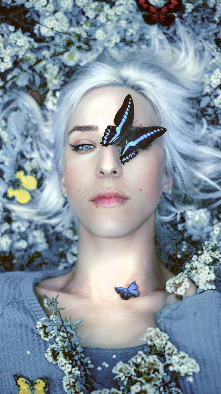 Download mobile wallpaper Butterfly, Mood, Model, Women, White Flower, White Hair, Lying Down for free.