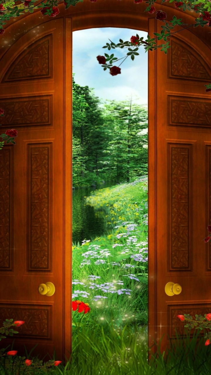Download mobile wallpaper Fantasy, Grass, Flower, Artistic, Door for free.