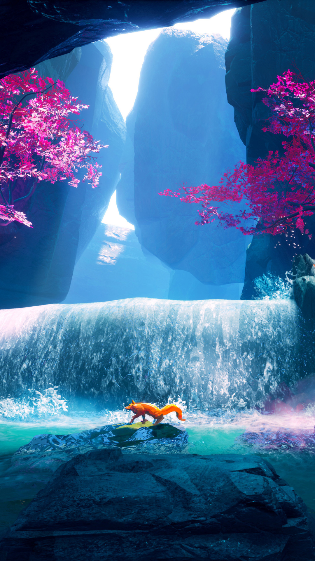 Download mobile wallpaper Fantasy, Fox, Waterfall, Fantasy Animals for free.