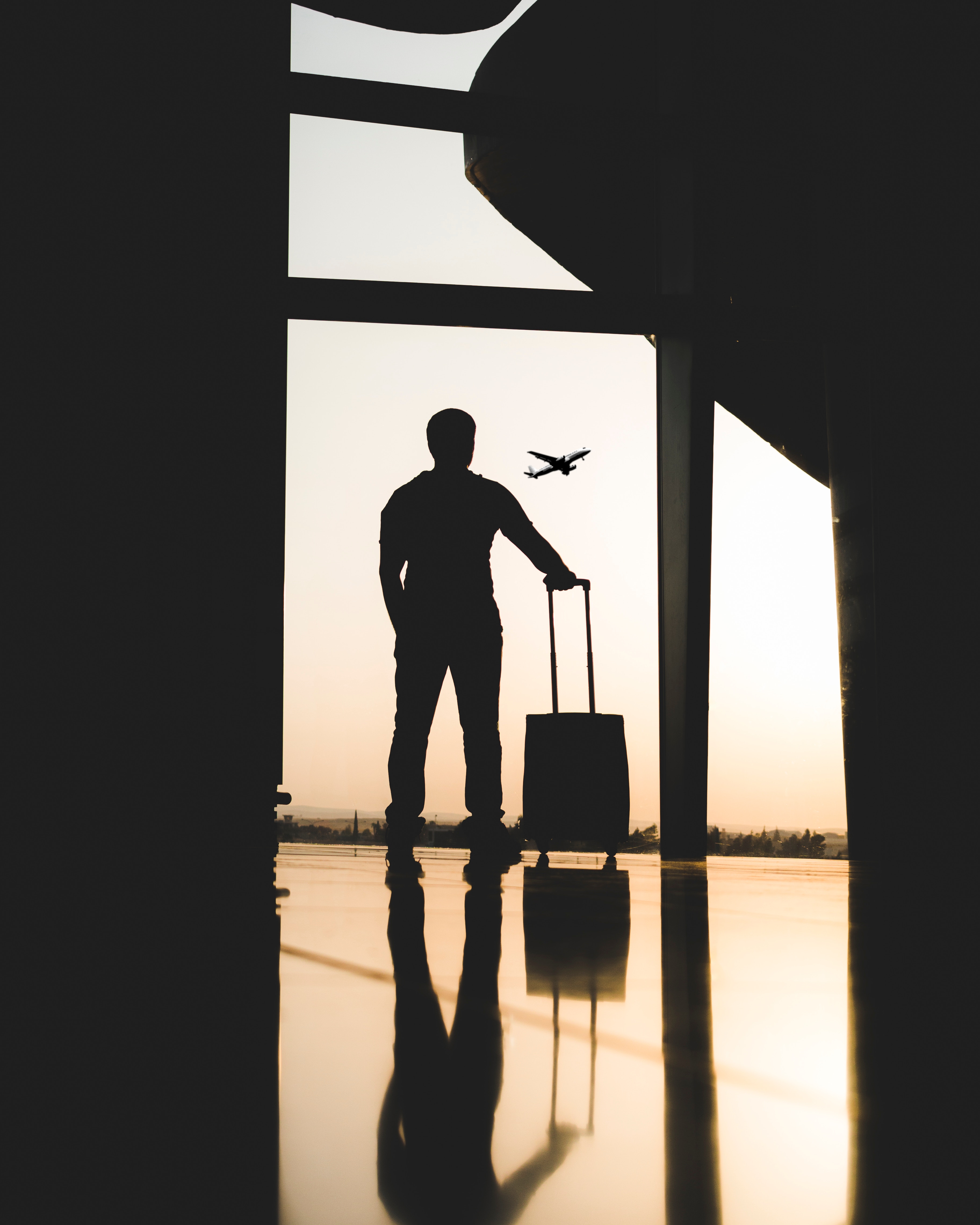 airport, man, dark, silhouette, journey, suitcase