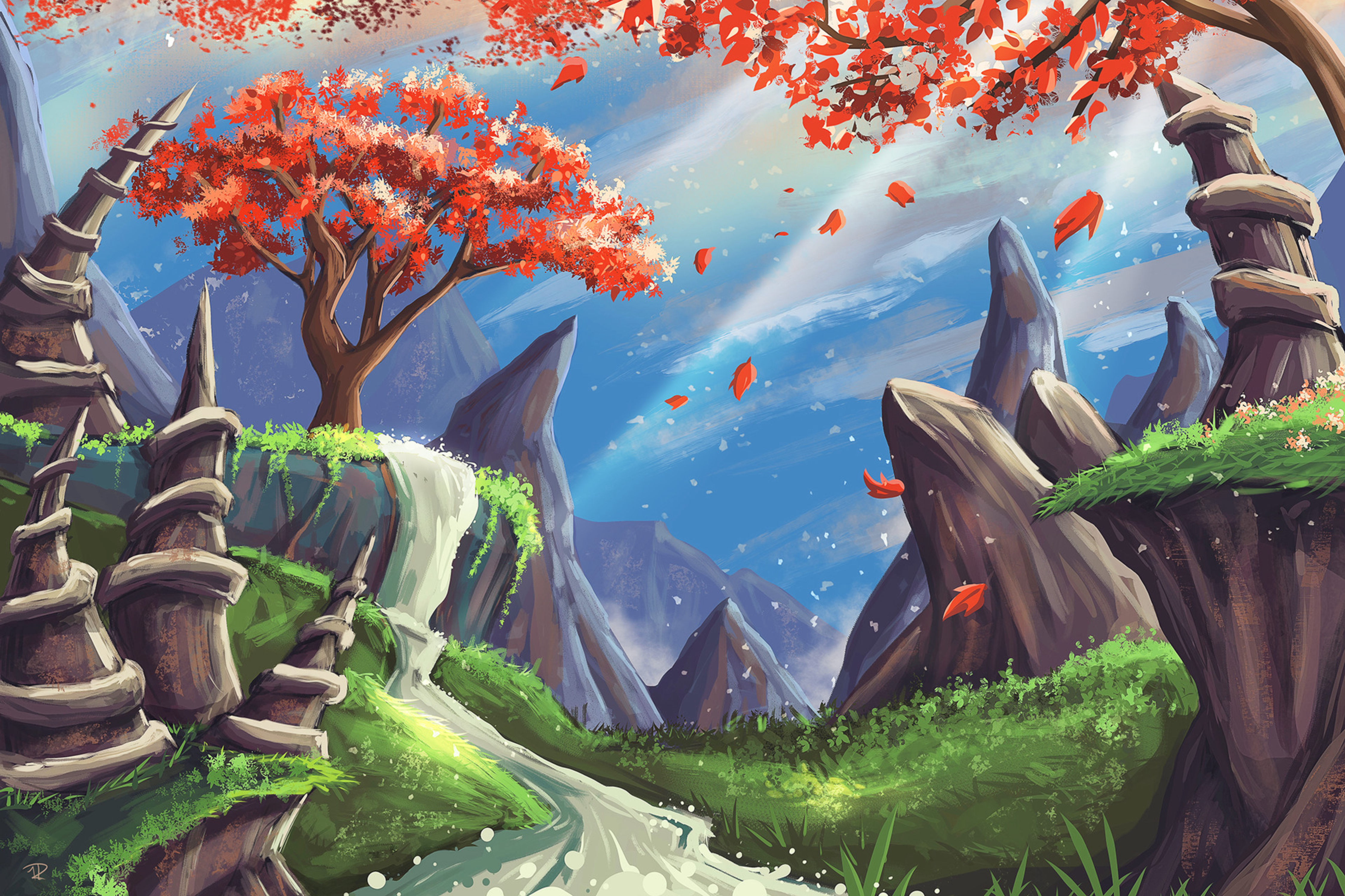 Free download wallpaper Art, Rocks, Tree, Mountains, Wood, Waterfall, Landscape on your PC desktop