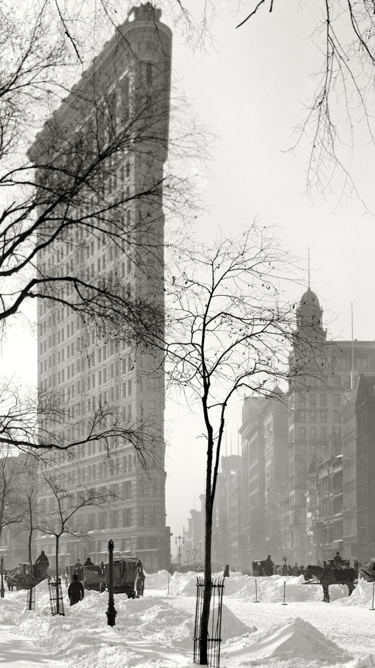 Download mobile wallpaper Cities, Winter, Snow, Usa, House, Retro, New York, Man Made, Black & White for free.