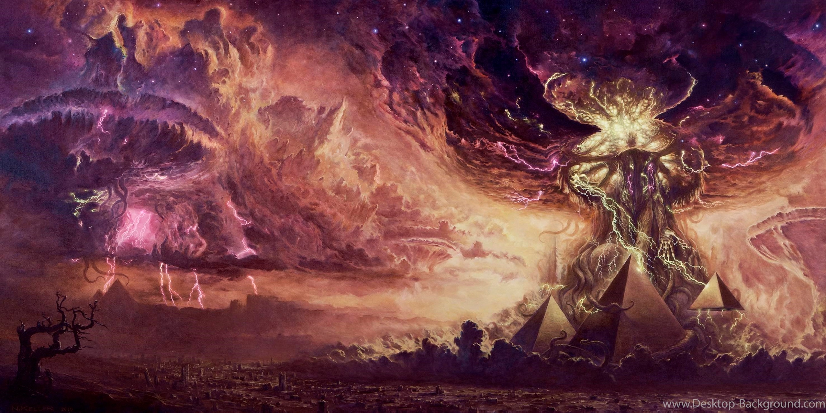 Free download wallpaper Landscape, Fantasy, Sky, Lightning, Creature, Cloud, Gods on your PC desktop