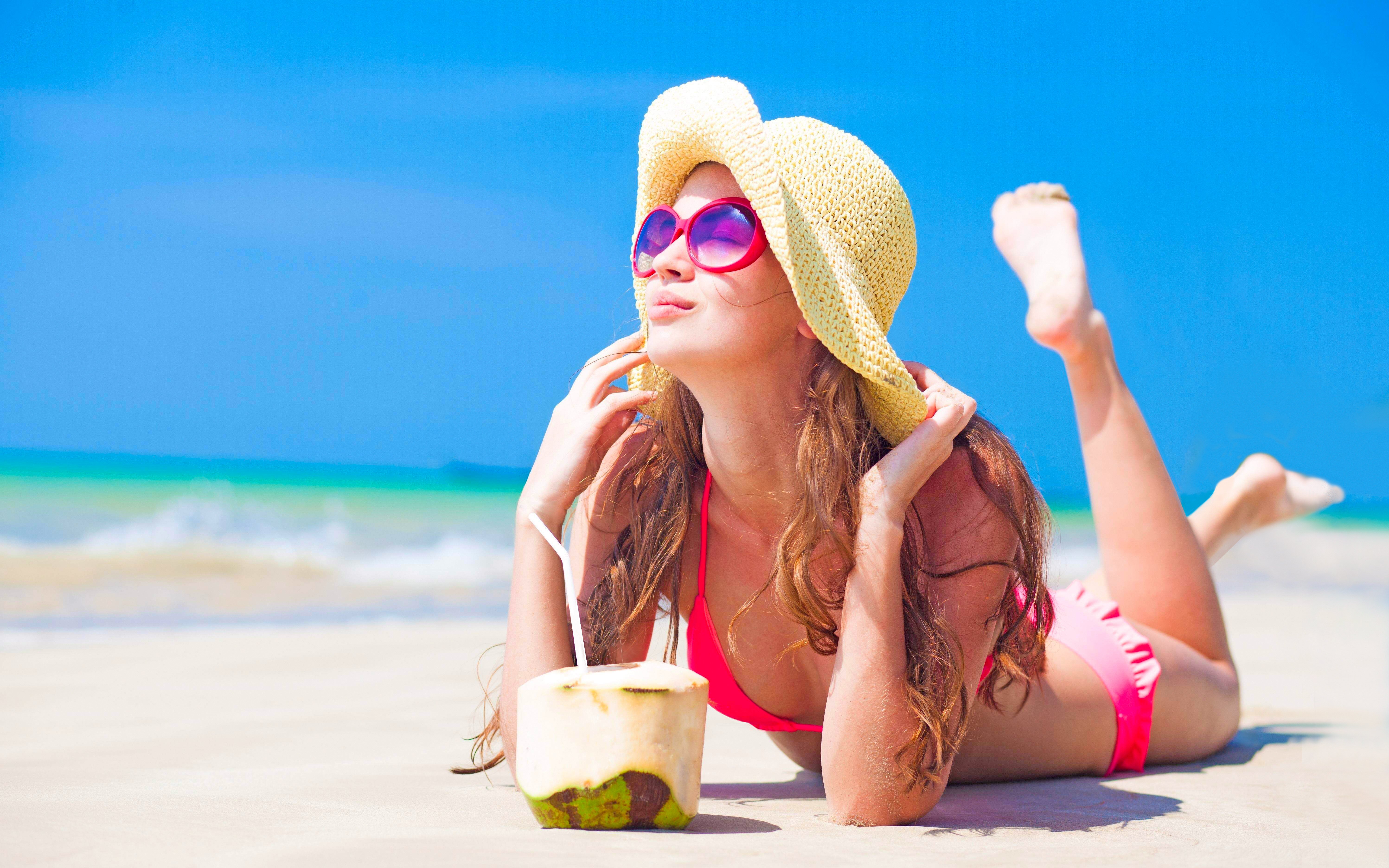 Download mobile wallpaper Beach, Beautiful, Hat, Sunglasses, Model, Women, Bikini for free.