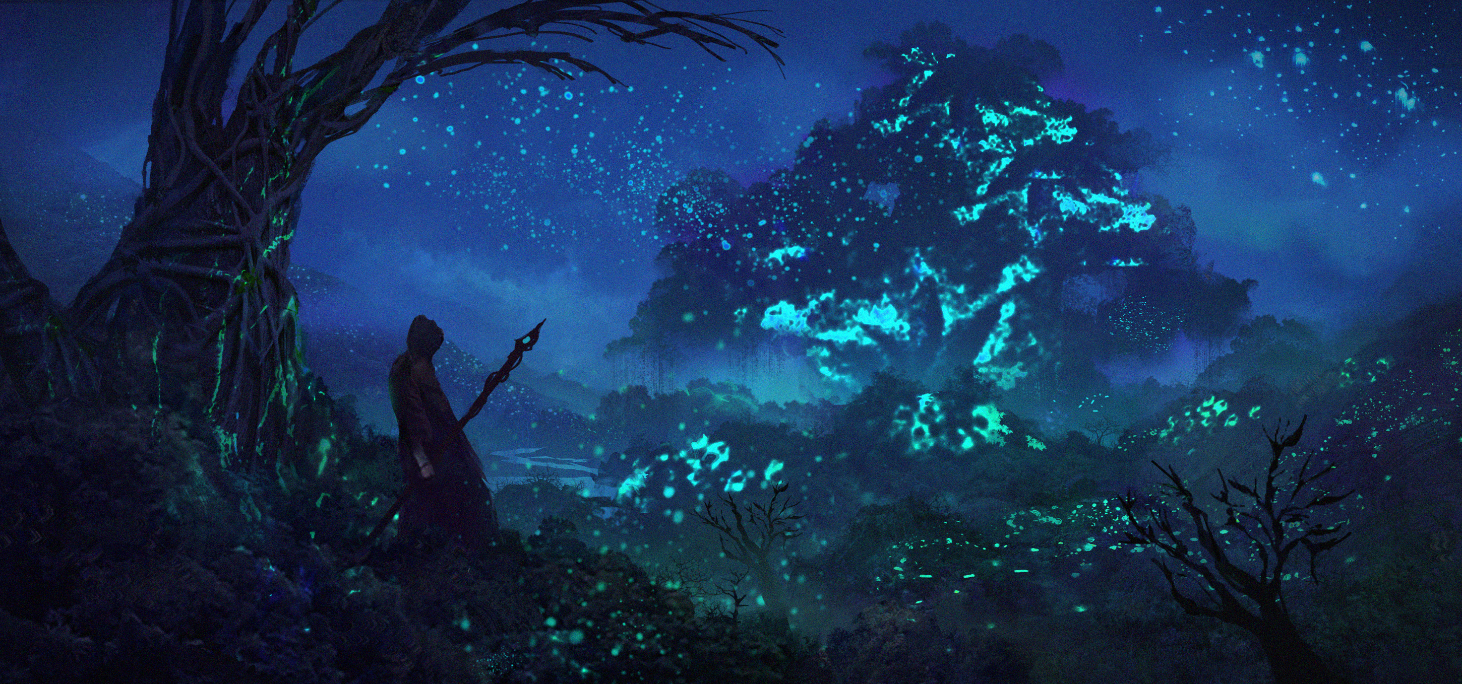 Download mobile wallpaper Fantasy, Night, Light, Silhouette, Forest, Tree, Staff for free.