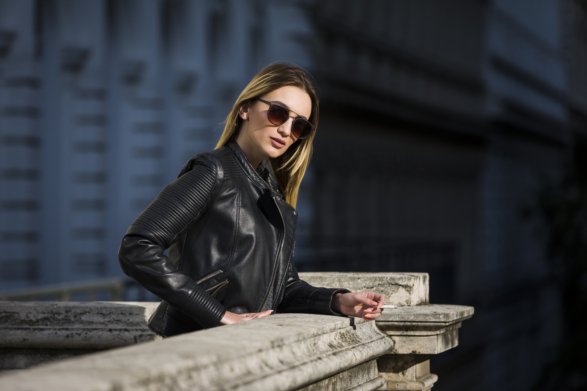 Download mobile wallpaper Sunglasses, Model, Women, Depth Of Field, Leather Jacket for free.