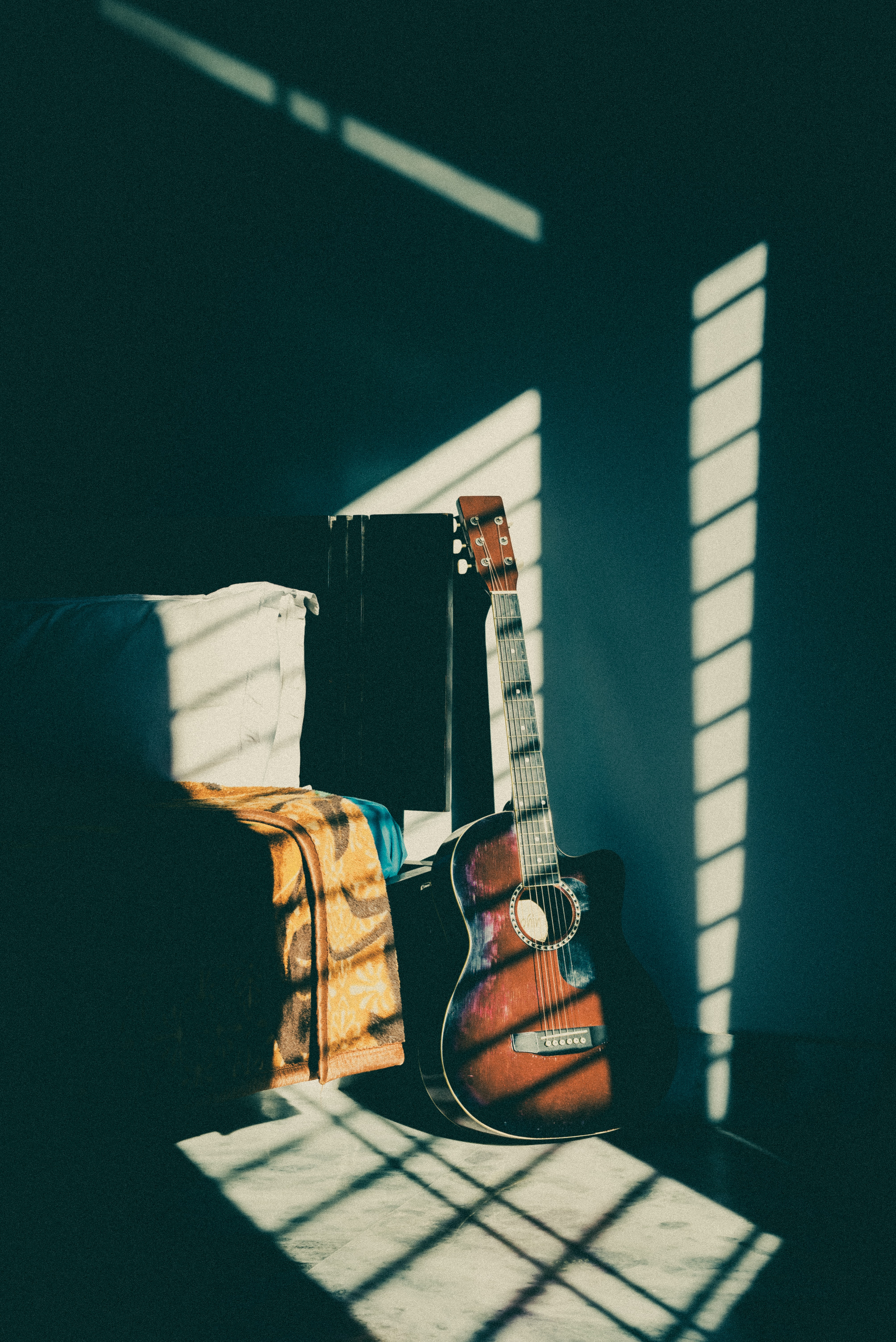 guitar, brown, music, dark, shadow, musical instrument Phone Background